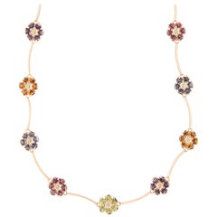 Vintage Rainbow Multi Gemstone Necklace 14 Karat Yellow Gold Flower Choker