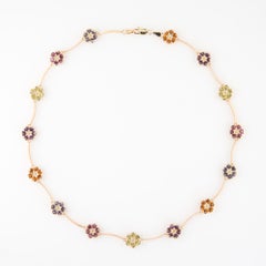 Vintage Rainbow Multi Gemstone Necklace 14 Karat Yellow Gold Flower Choker