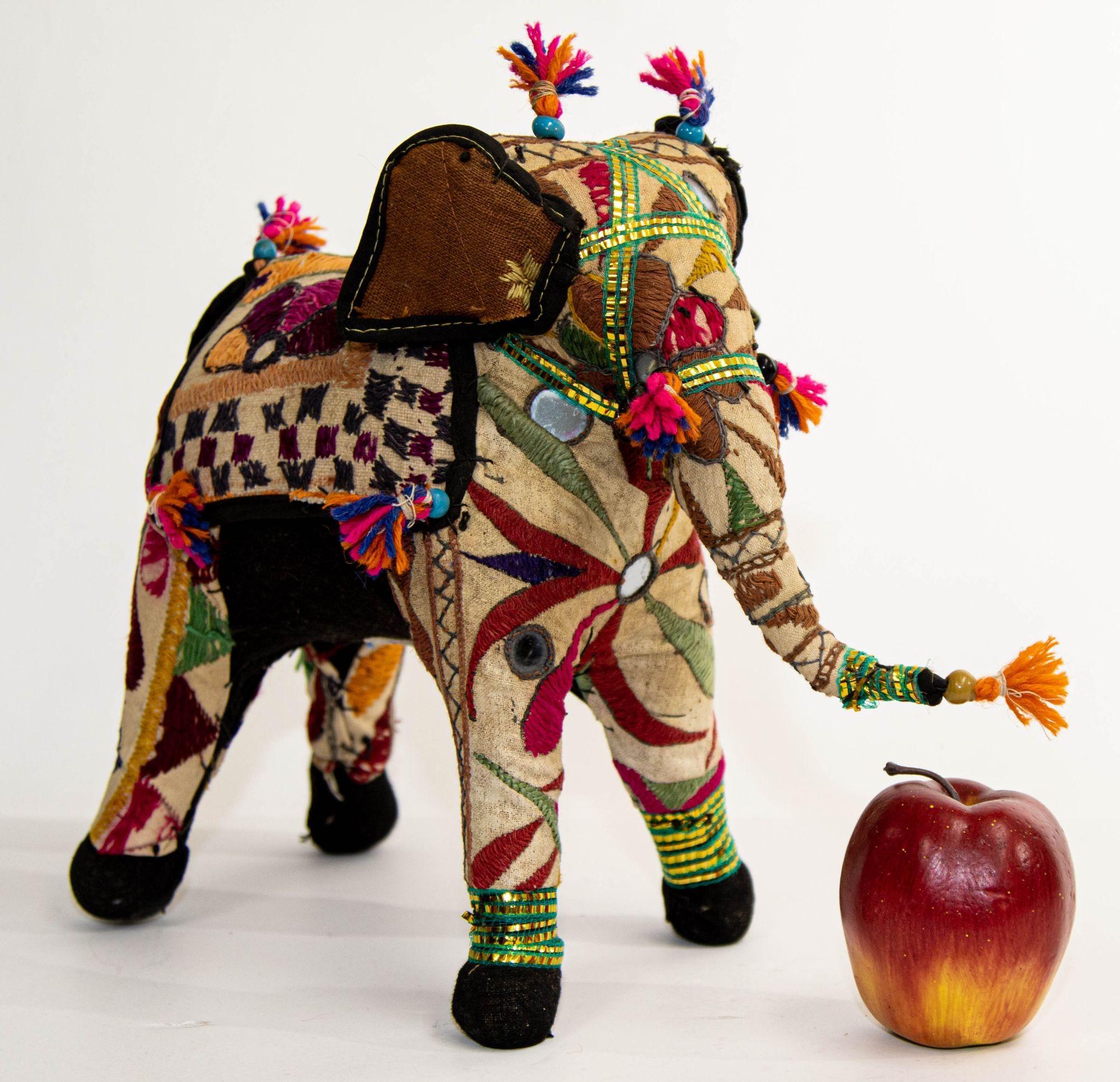 Fabric Vintage Raj Hand-Crafted Stuffed Cotton Embroidered Elephant, India, 1950 For Sale