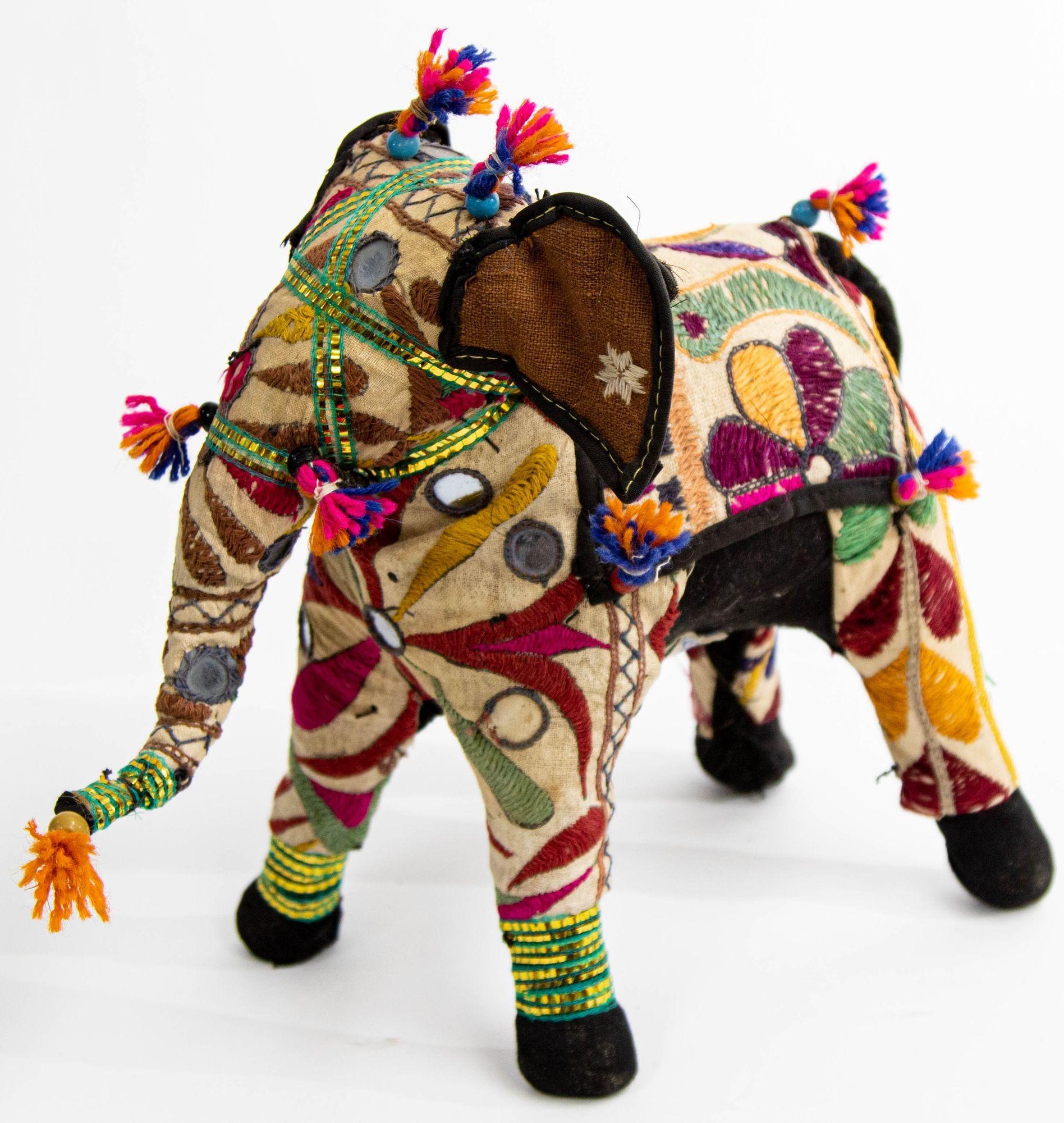 20th Century Vintage Raj Hand-Crafted Stuffed Cotton Embroidered Elephant, India, 1950 For Sale