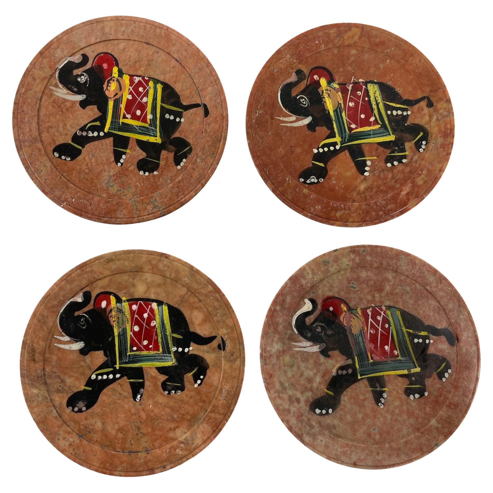 Vintage Rajasthani Brown Marble Stone with Indian Elephants Design For Sale