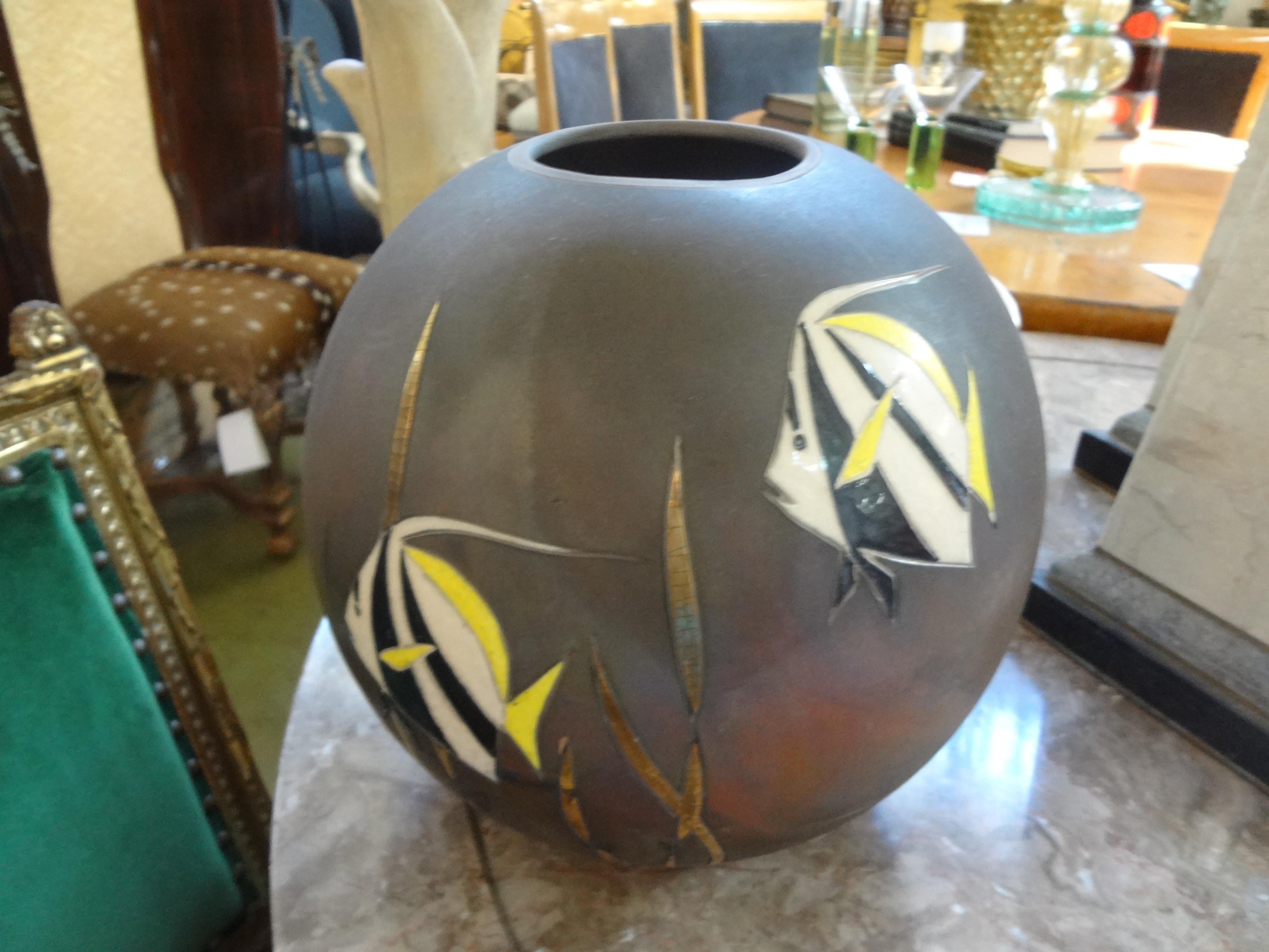 Vintage Raku Pottery Vase with Angel Fish by Tom and Nancy Giusti 3