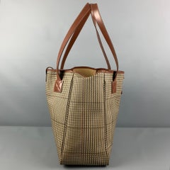 Vintage RALPH LAUREN Beige Brown Plaid Leather Trim Canvas Tote Bag