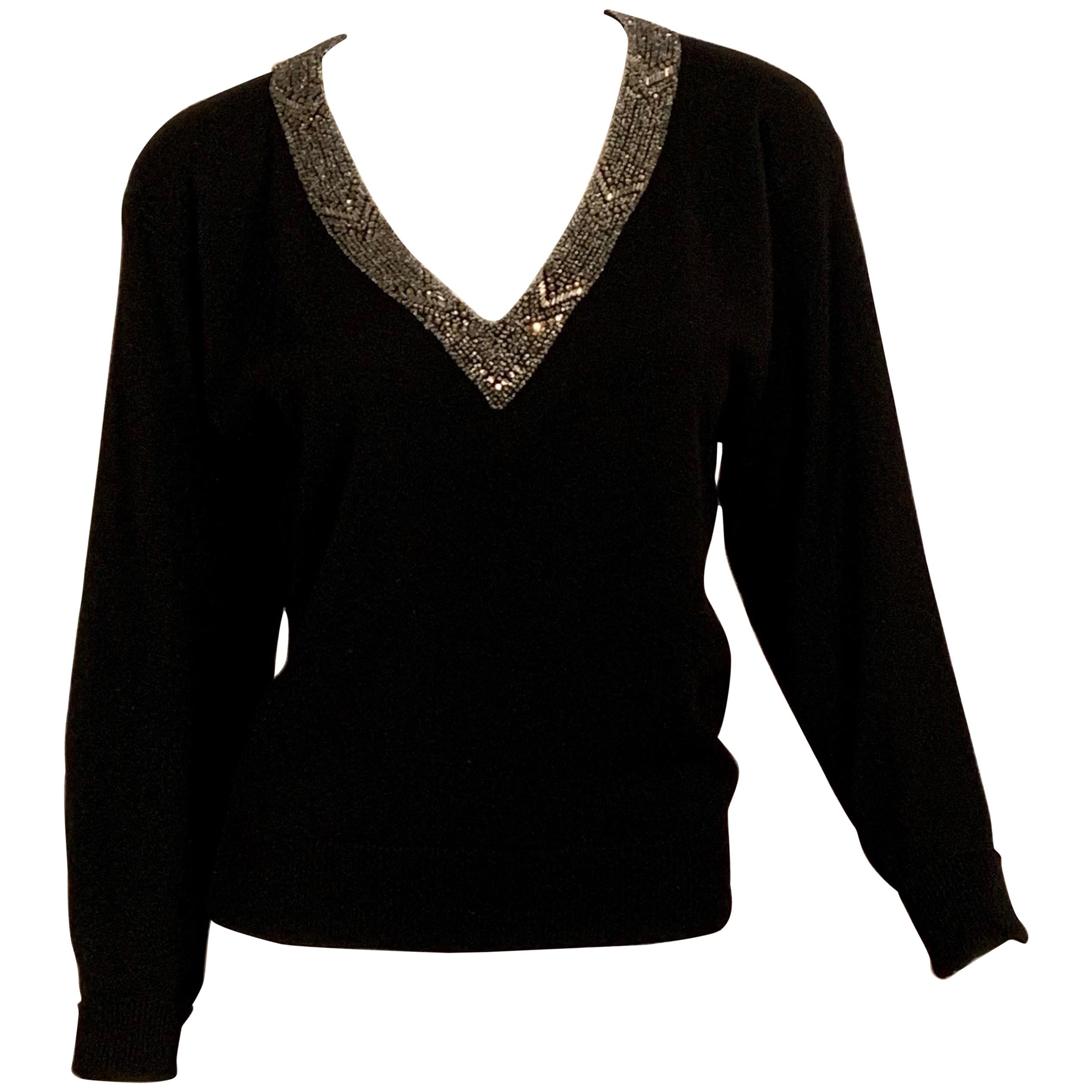 Vintage Ralph Lauren Black Cashmere Sweater with a Beaded V Neckline