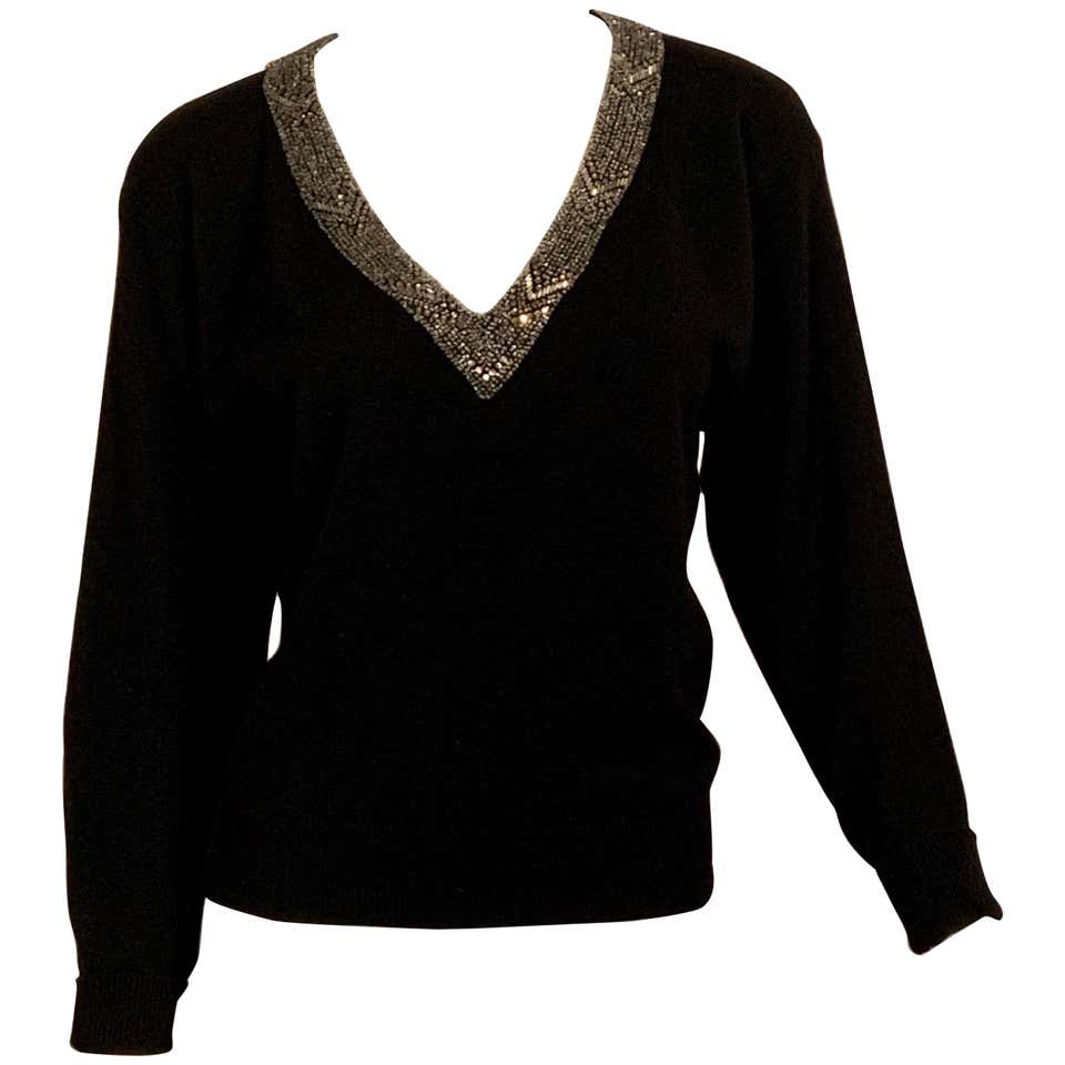 Vintage Ralph Lauren Black Cashmere Sweater with a Beaded V Neckline at ...