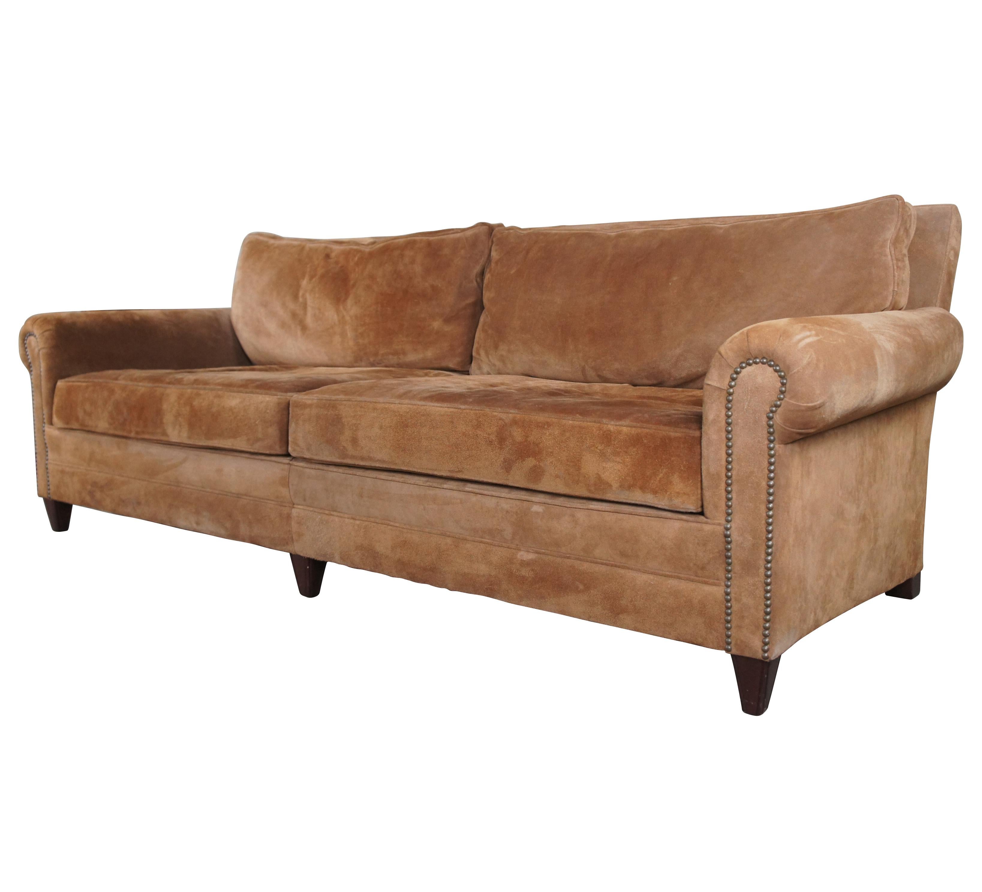 Vintage Ralph Lauren brown suede rolled arm sofa or couch featuring nailhead trim and deep luxury depth. MSRP $15,000, measure: 89