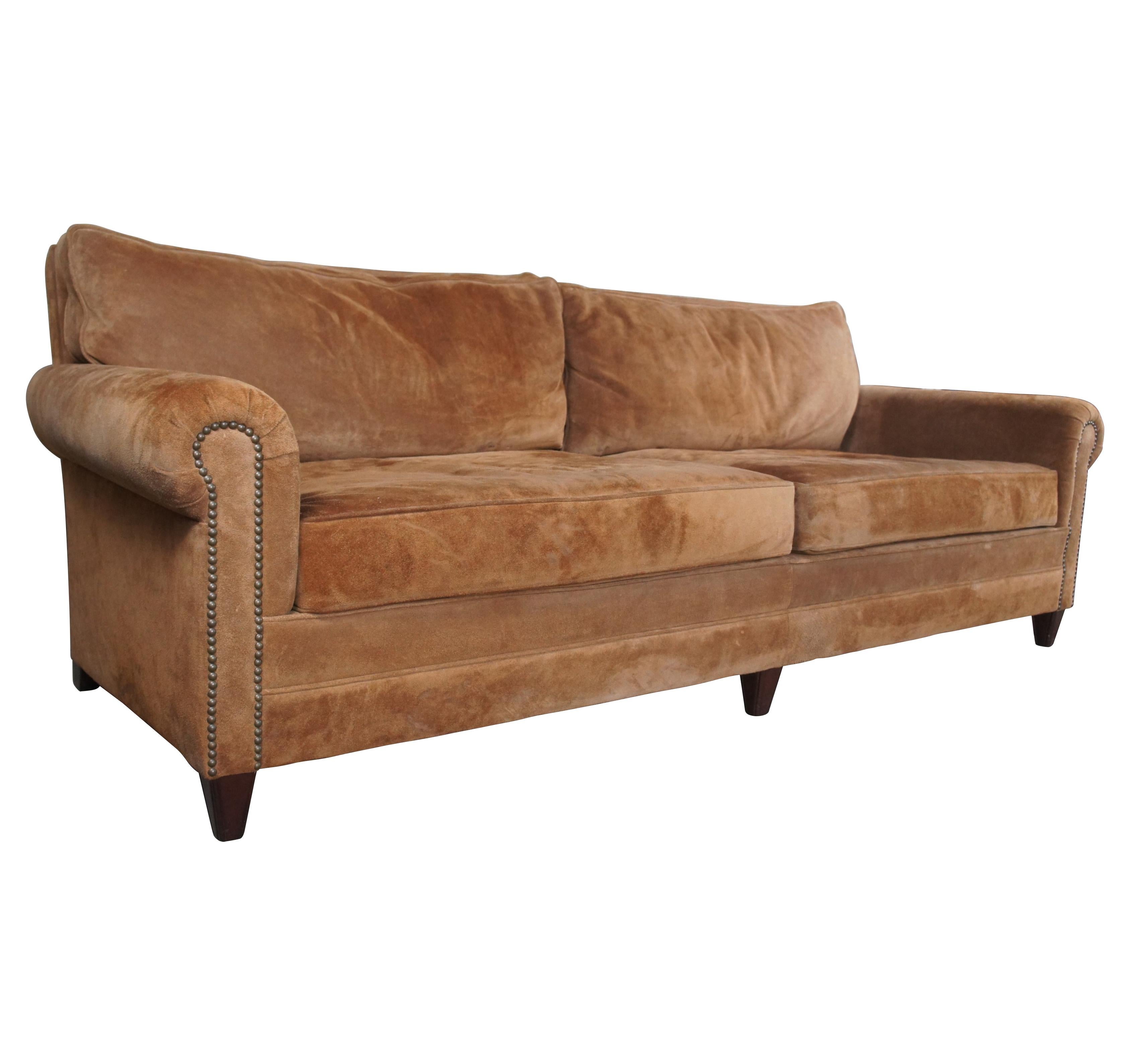 Modern Vintage Ralph Lauren Brown Suede Rolled Arm Down Filled Nailhead Sofa Couch