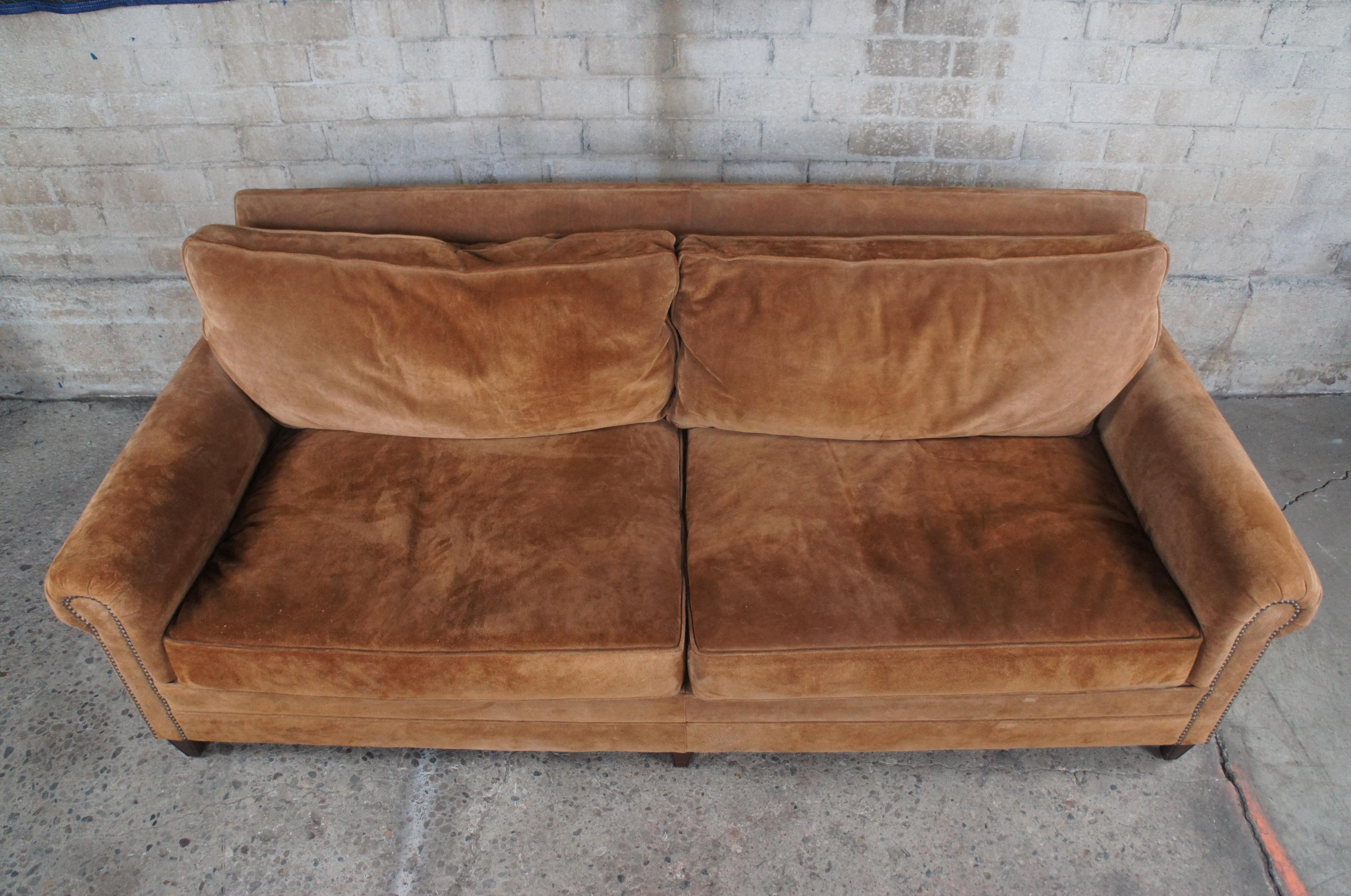 Vintage Ralph Lauren Brown Suede Rolled Arm Down Filled Nailhead Sofa Couch In Good Condition In Dayton, OH
