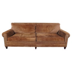 Retro Ralph Lauren Brown Suede Rolled Arm Down Filled Nailhead Sofa Couch