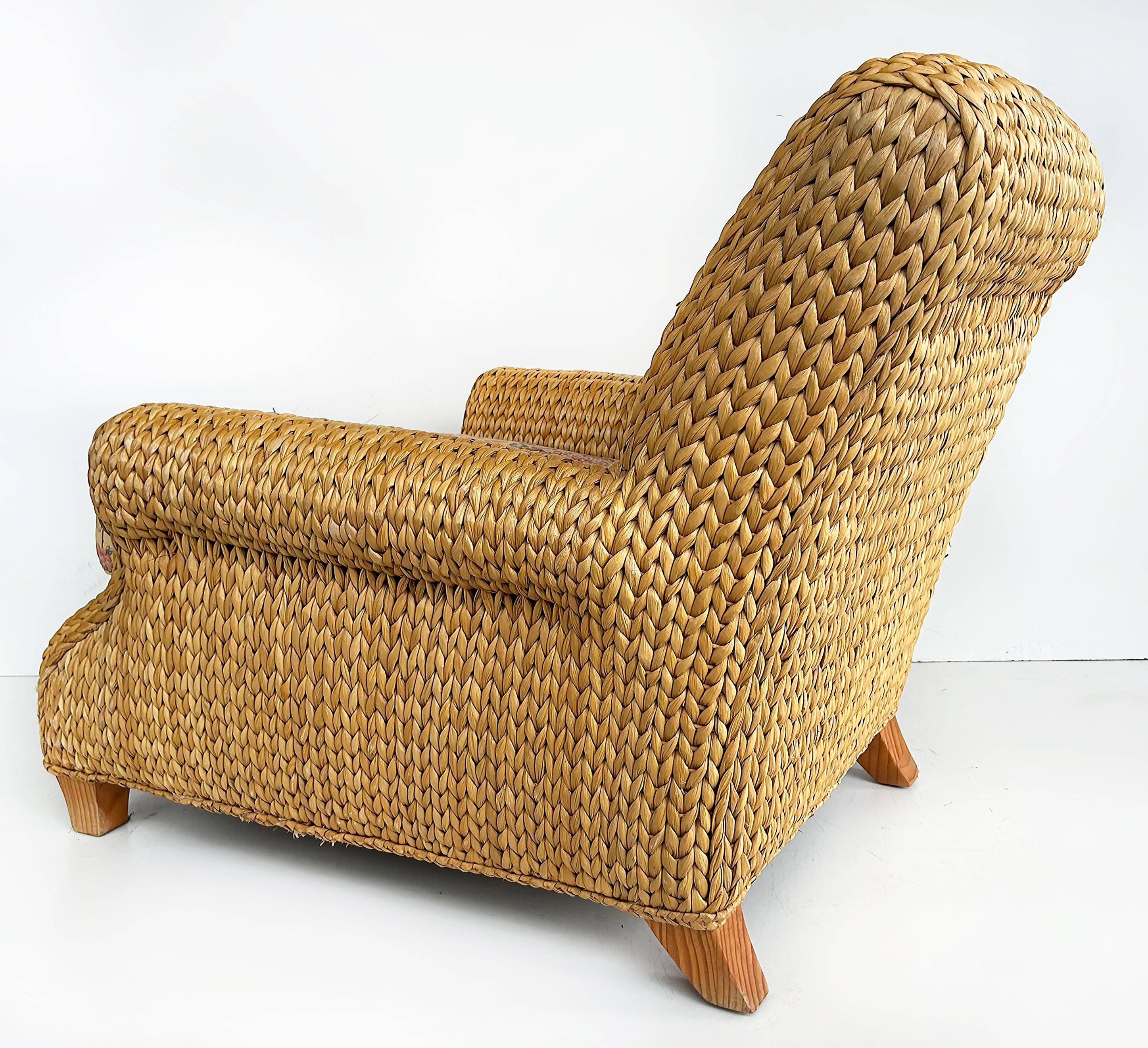 Pareja de sillones Vintage Ralph Lauren Coastal Woven Seagrass Club Chairs Tela en venta