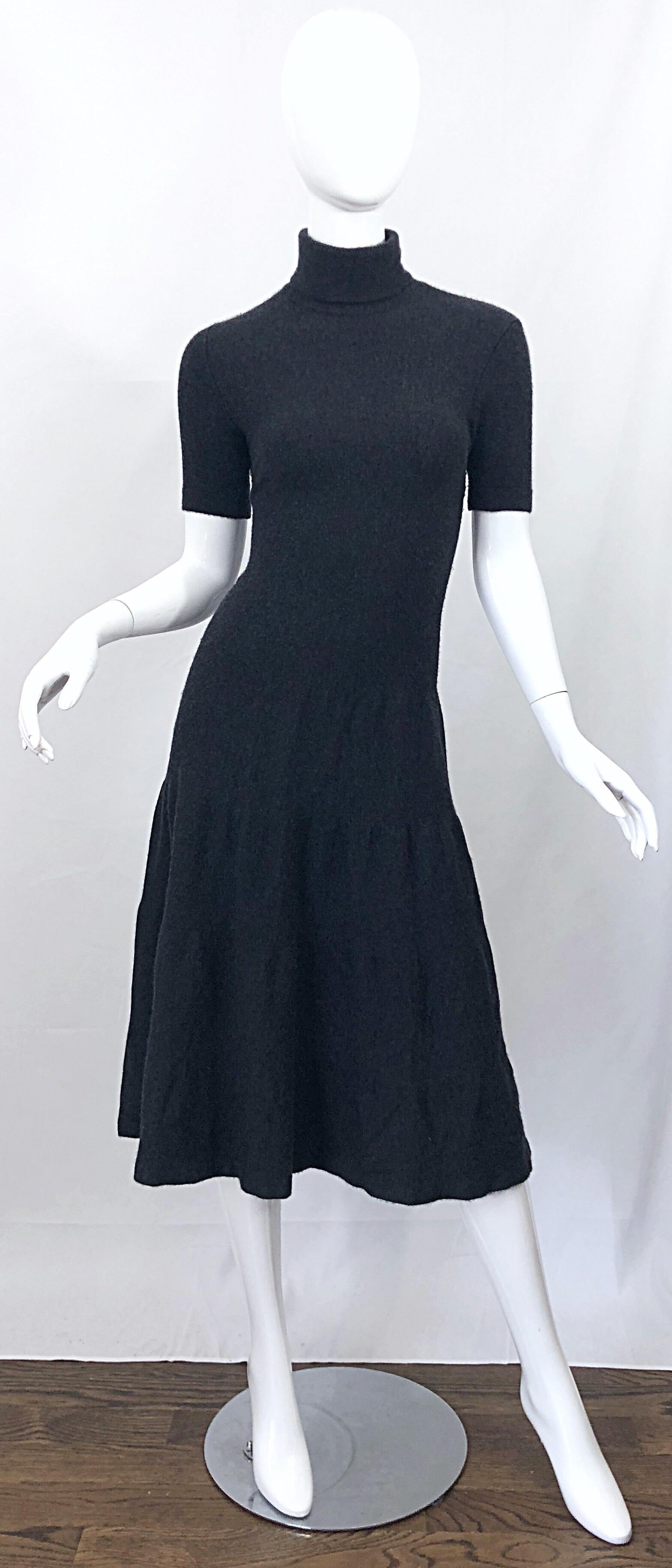 Chic late 1990s RALPH LAURENT COLLECTION Purple Label charcoal grey cashmere short sleeve turtleneck sweater dress! Features the perfect color charcoal gray that can be worn with anything. The most incredibly soft cashmere that you will.  ever feel!