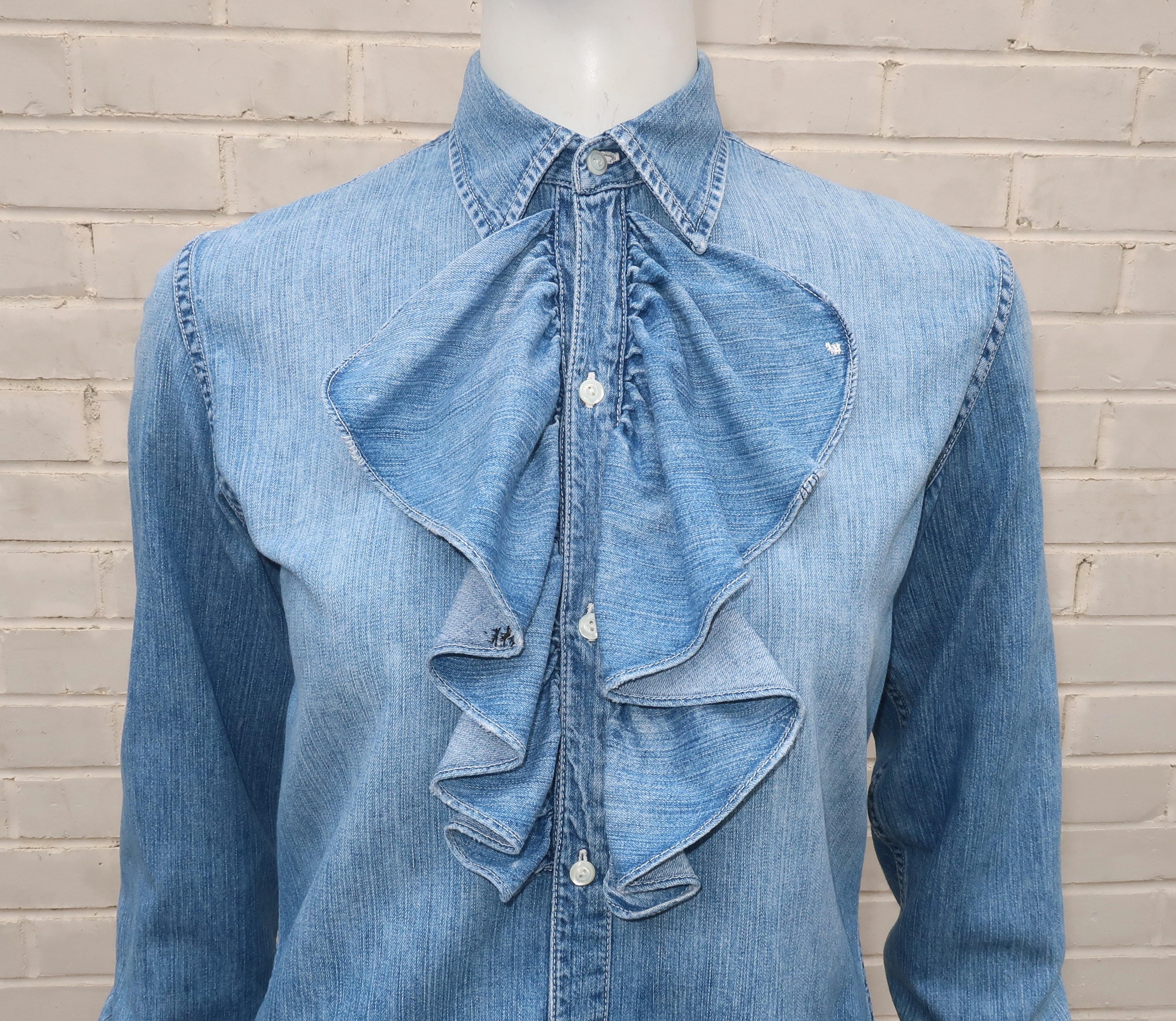 1990's Ralph Lauren distressed denim shirt combining menswear details with a feminine ruffle for a great vintage look that epitomizes Mr. Lauren's all-American style.  Perfect paired with his Western wear or Santa Fe collection ... and ideal with
