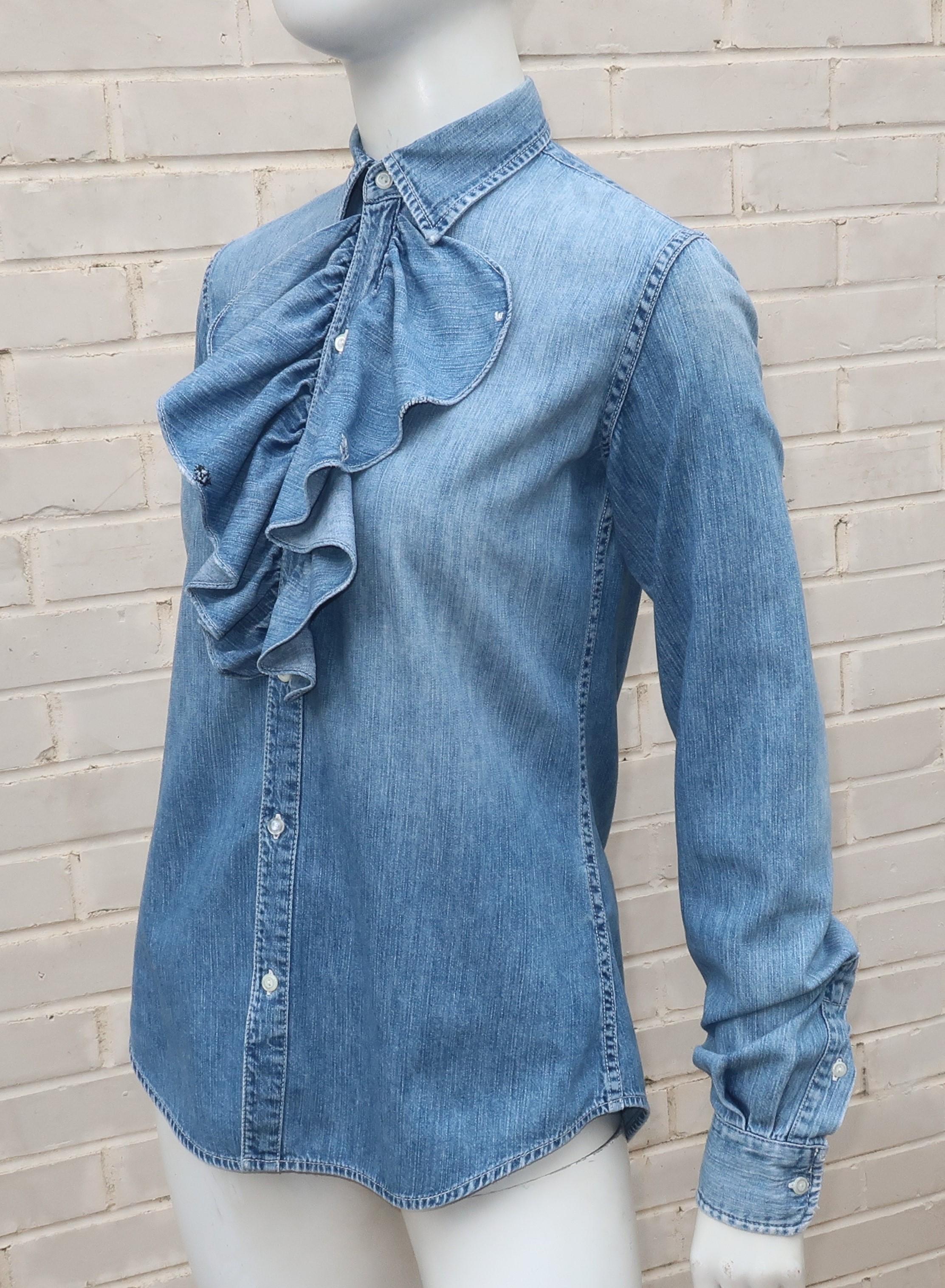 Blue Vintage Ralph Lauren Distressed Denim Ruffled Shirt