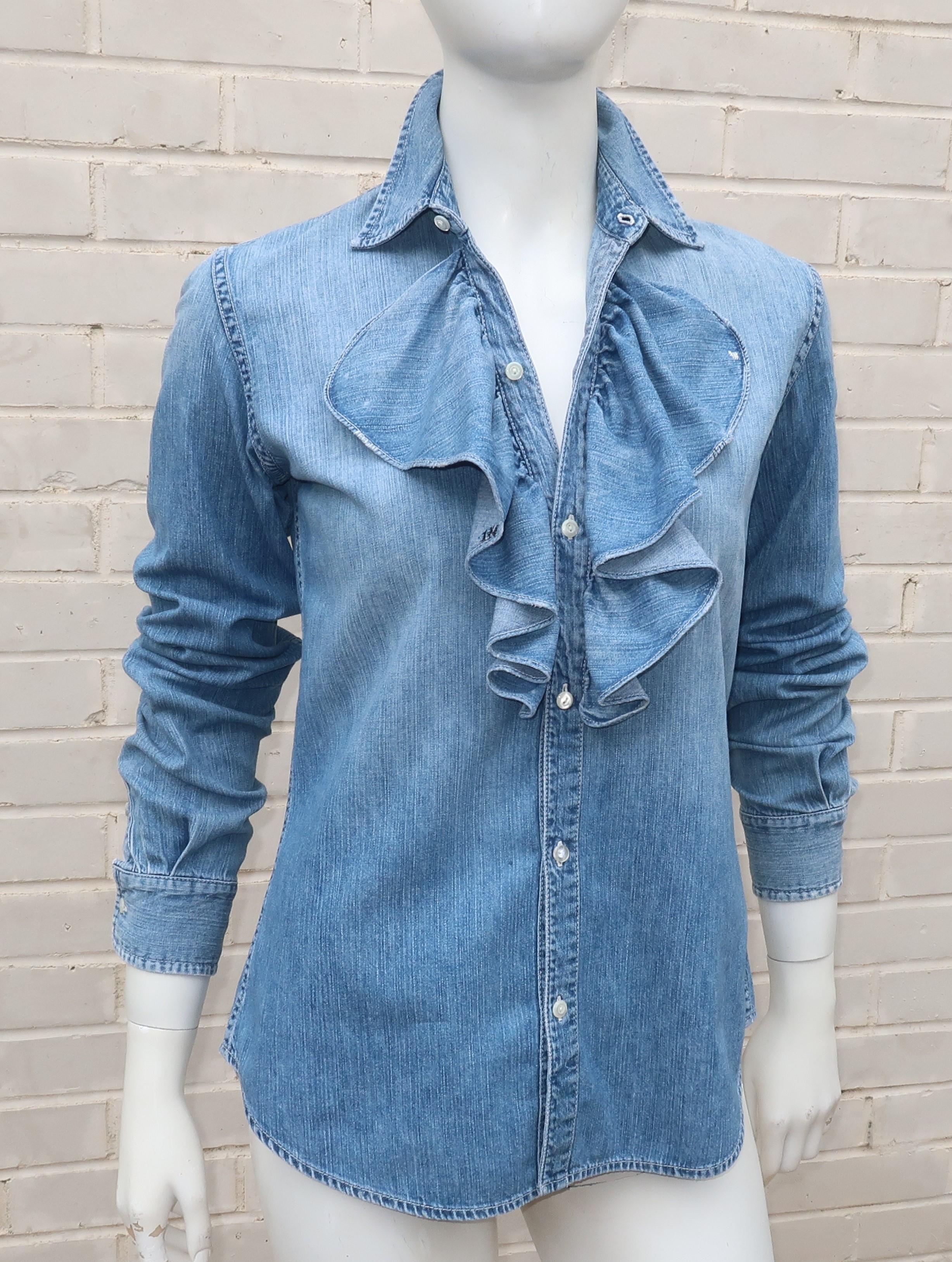 Vintage Ralph Lauren Distressed Denim Ruffled Shirt In Good Condition In Atlanta, GA
