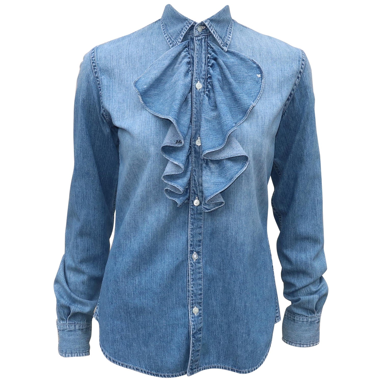 Vintage Ralph Lauren Distressed Denim Ruffled Shirt at 1stDibs