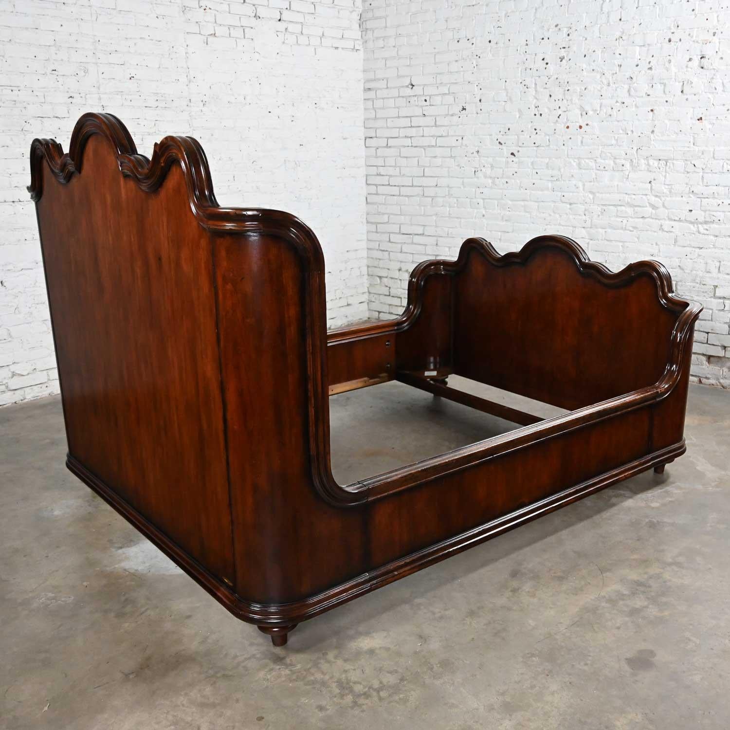 French Provincial Vintage Ralph Lauren Mahogany Scalloped Wingback Sleigh Queen Bed