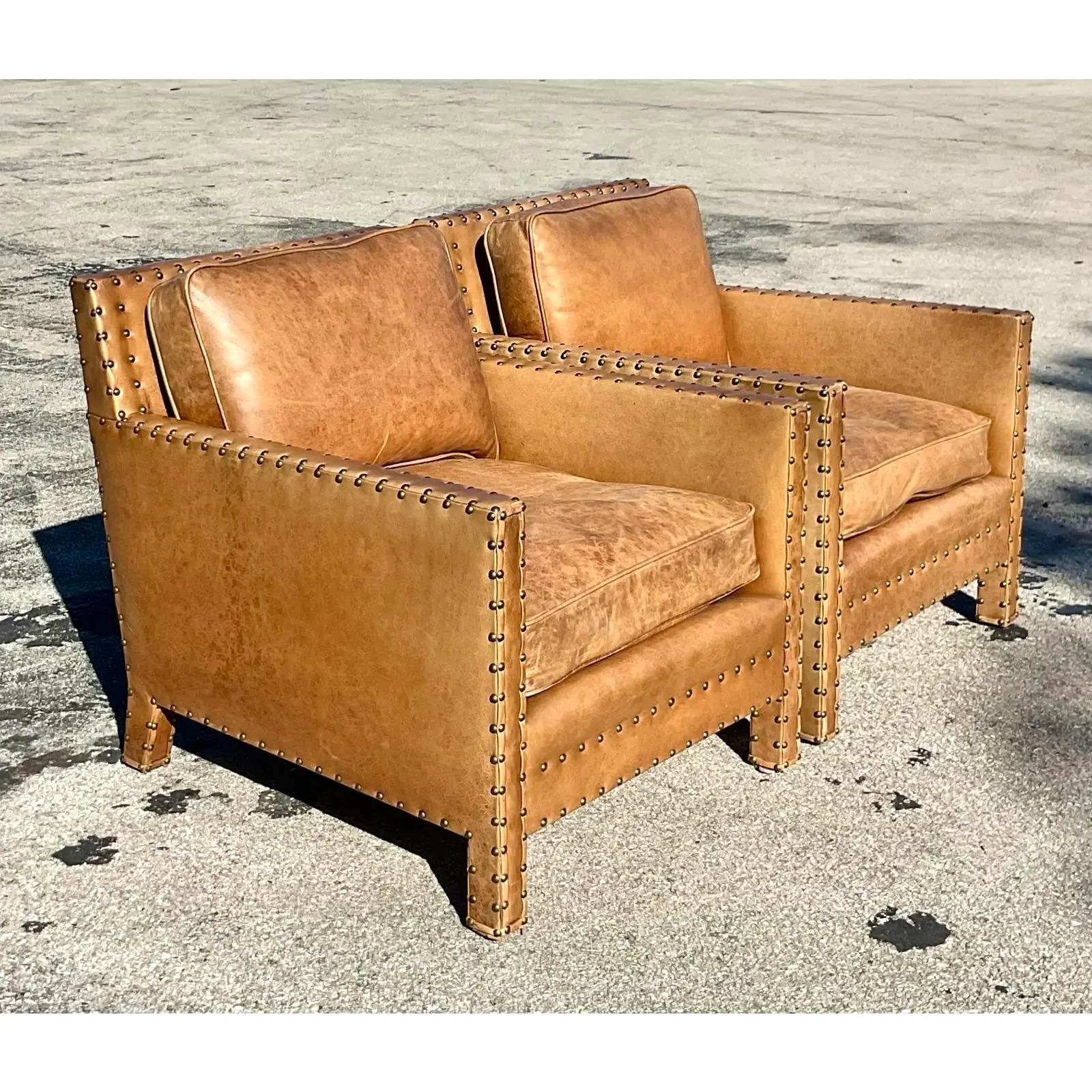 North American Vintage Ralph Lauren Nailhead Distressed Leather Lounge Chairs - a Pair