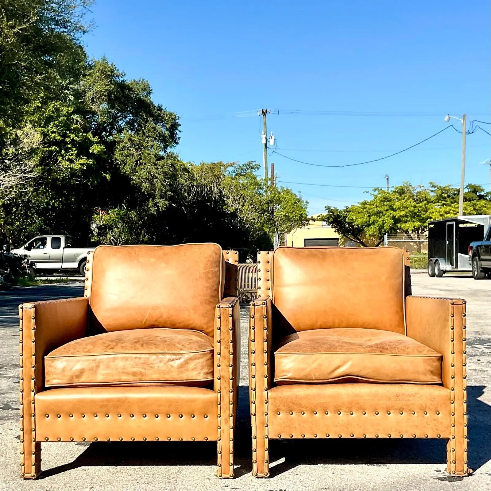 Vintage Ralph Lauren Nailhead Distressed Leather Lounge Chairs - a Pair In Good Condition In west palm beach, FL