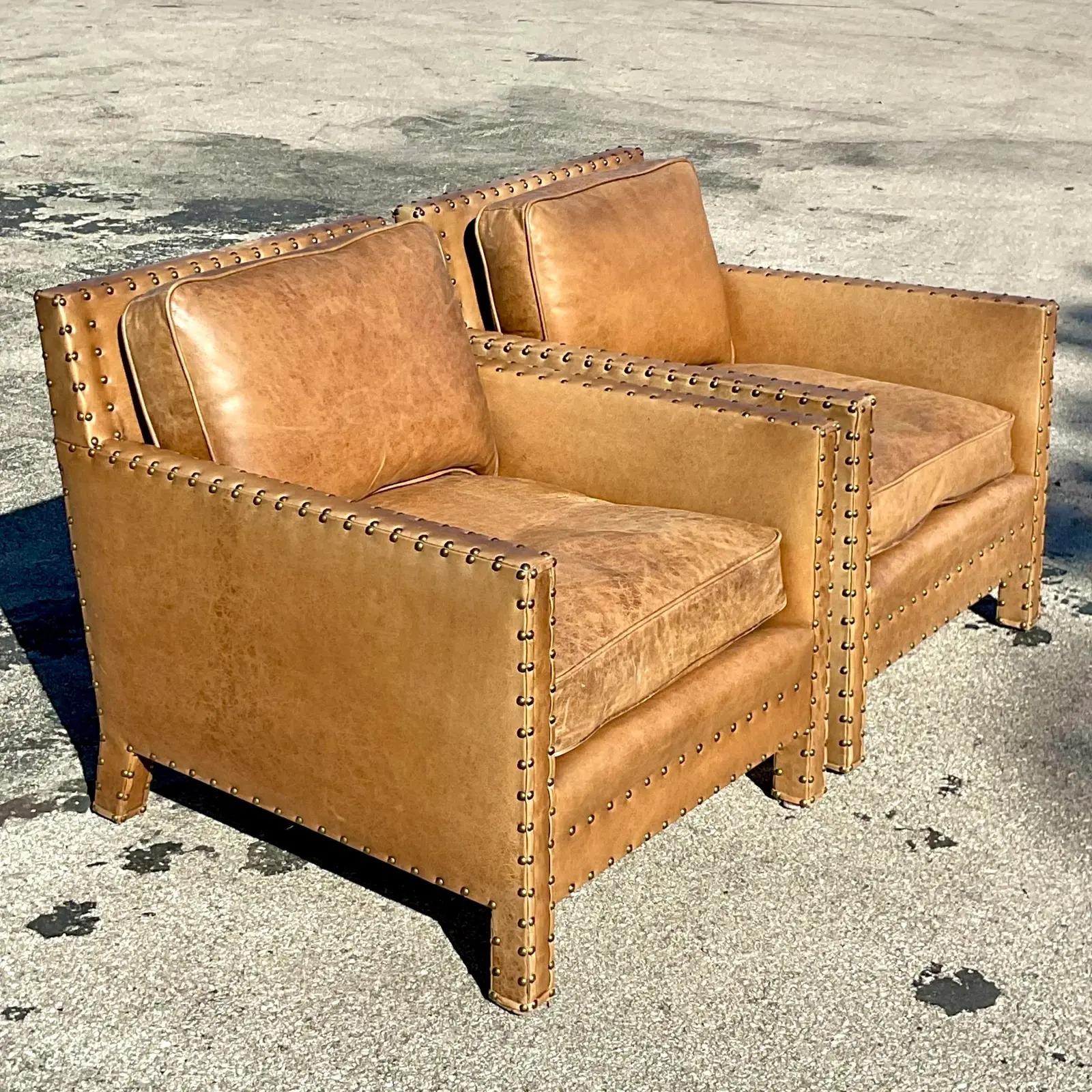 20th Century Vintage Ralph Lauren Nailhead Distressed Leather Lounge Chairs - a Pair