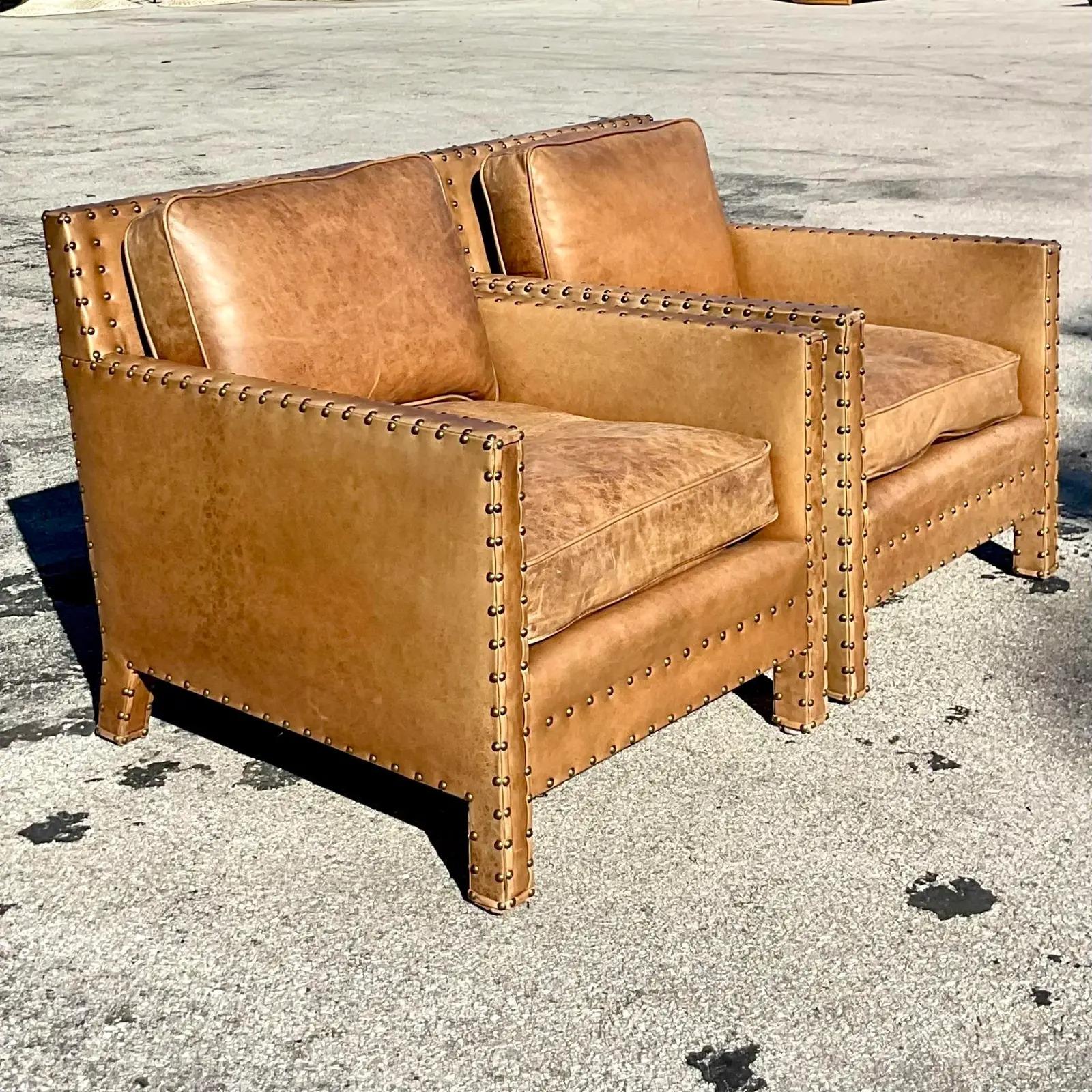 Vintage Ralph Lauren Nailhead Distressed Leather Lounge Chairs - a Pair 1