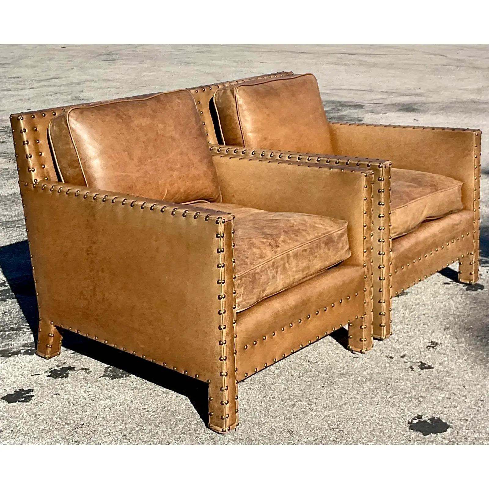 Vintage Ralph Lauren Nailhead Distressed Leather Lounge Chairs - a Pair 2