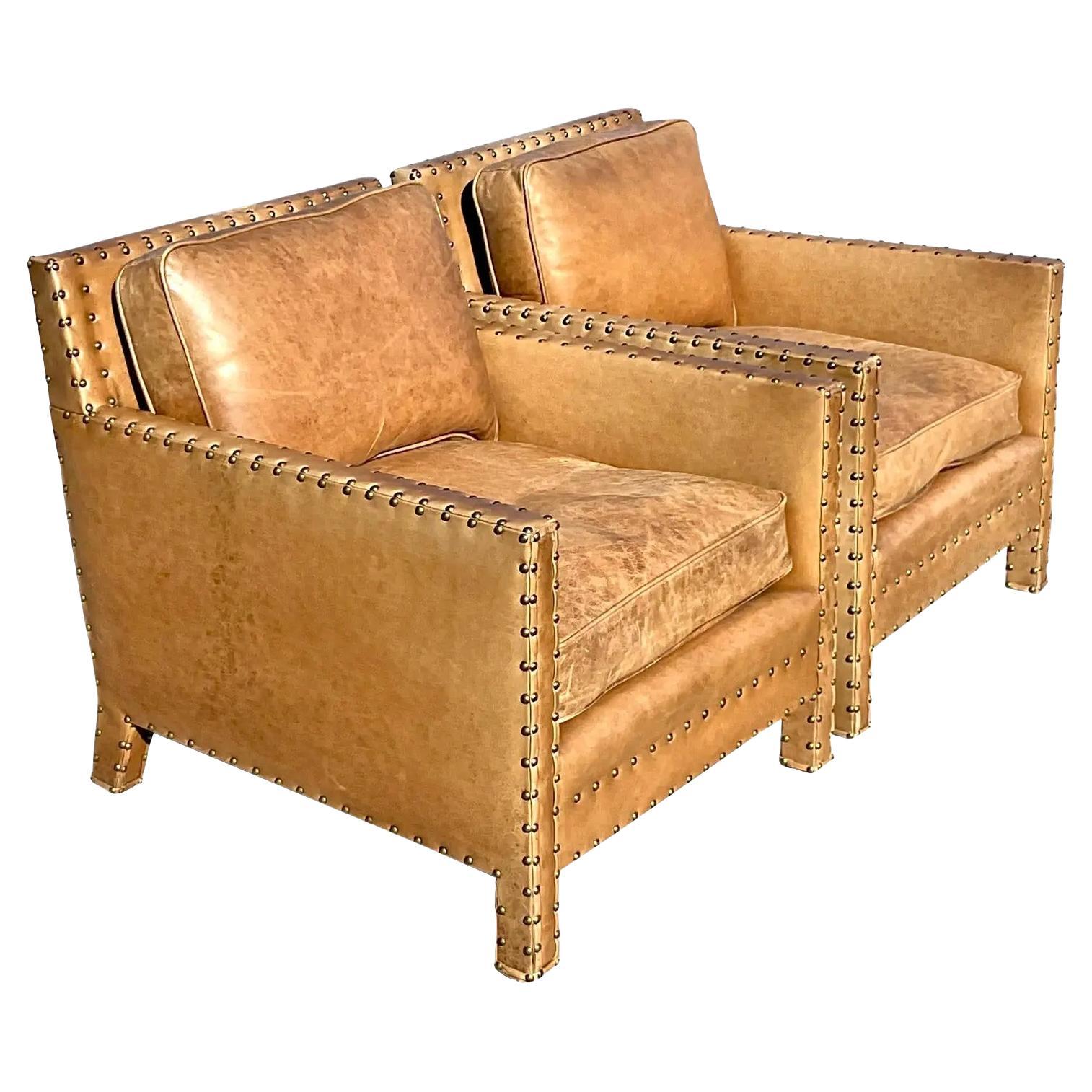 Vintage Ralph Lauren Nailhead Distressed Leather Lounge Chairs - a Pair