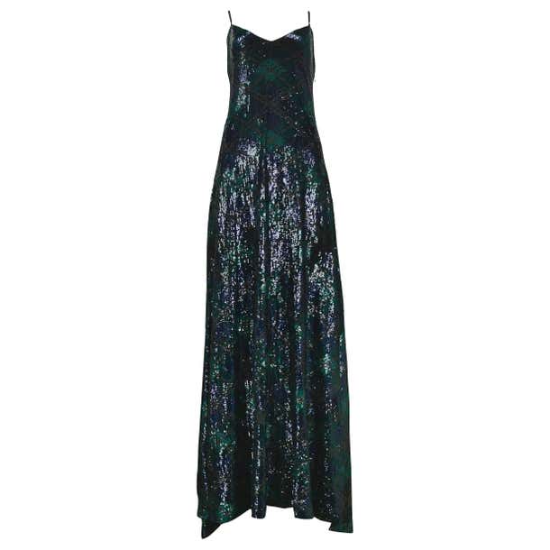 Vintage Ralph Lauren Navy and Green Argyle Sequin Gown For Sale at 1stDibs