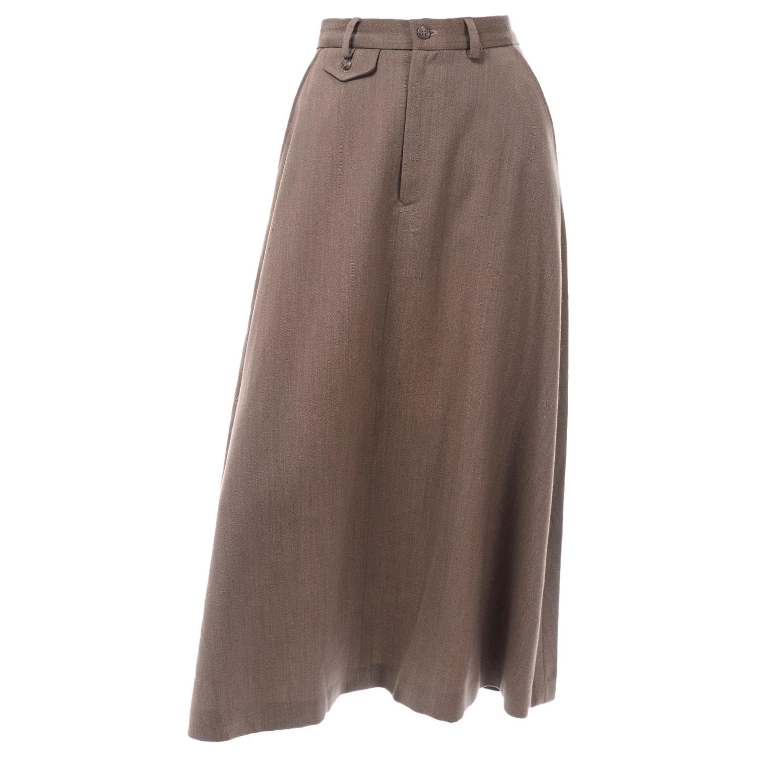 Vintage Ralph Lauren Older Label Brown Twill A-Line Midi Skirt W Trouser Styling