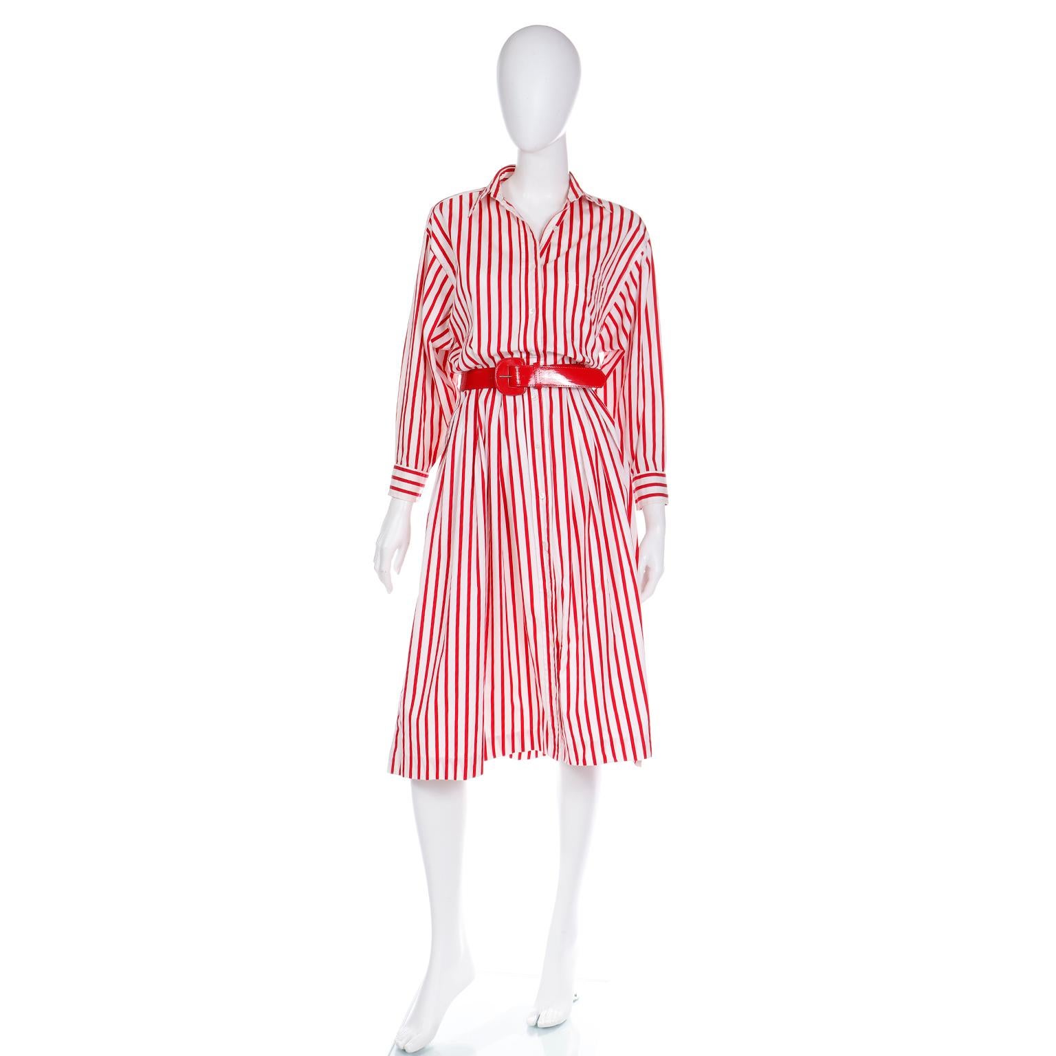 Ralph Lauren Rot-Weiß gestreiftes Hemdkleid aus Baumwolle im Vintage-Stil im Zustand „Hervorragend“ im Angebot in Portland, OR