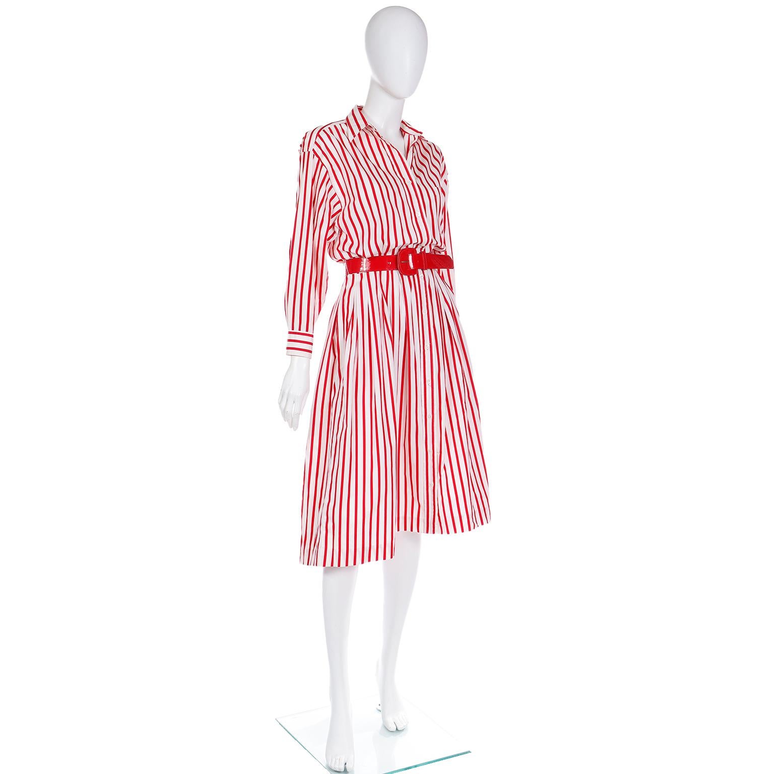 Vintage Ralph Lauren Red & White Striped Shirtdress Style Cotton Day Dress In Excellent Condition For Sale In Portland, OR