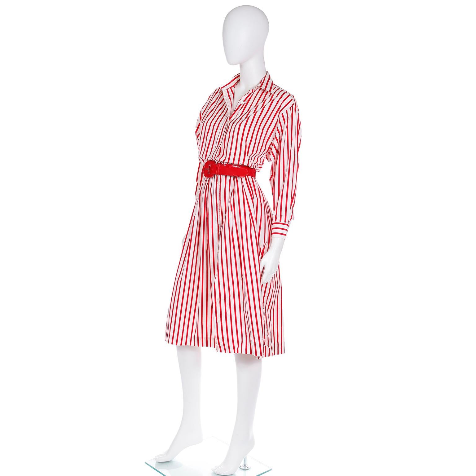 Women's Vintage Ralph Lauren Red & White Striped Shirtdress Style Cotton Day Dress For Sale