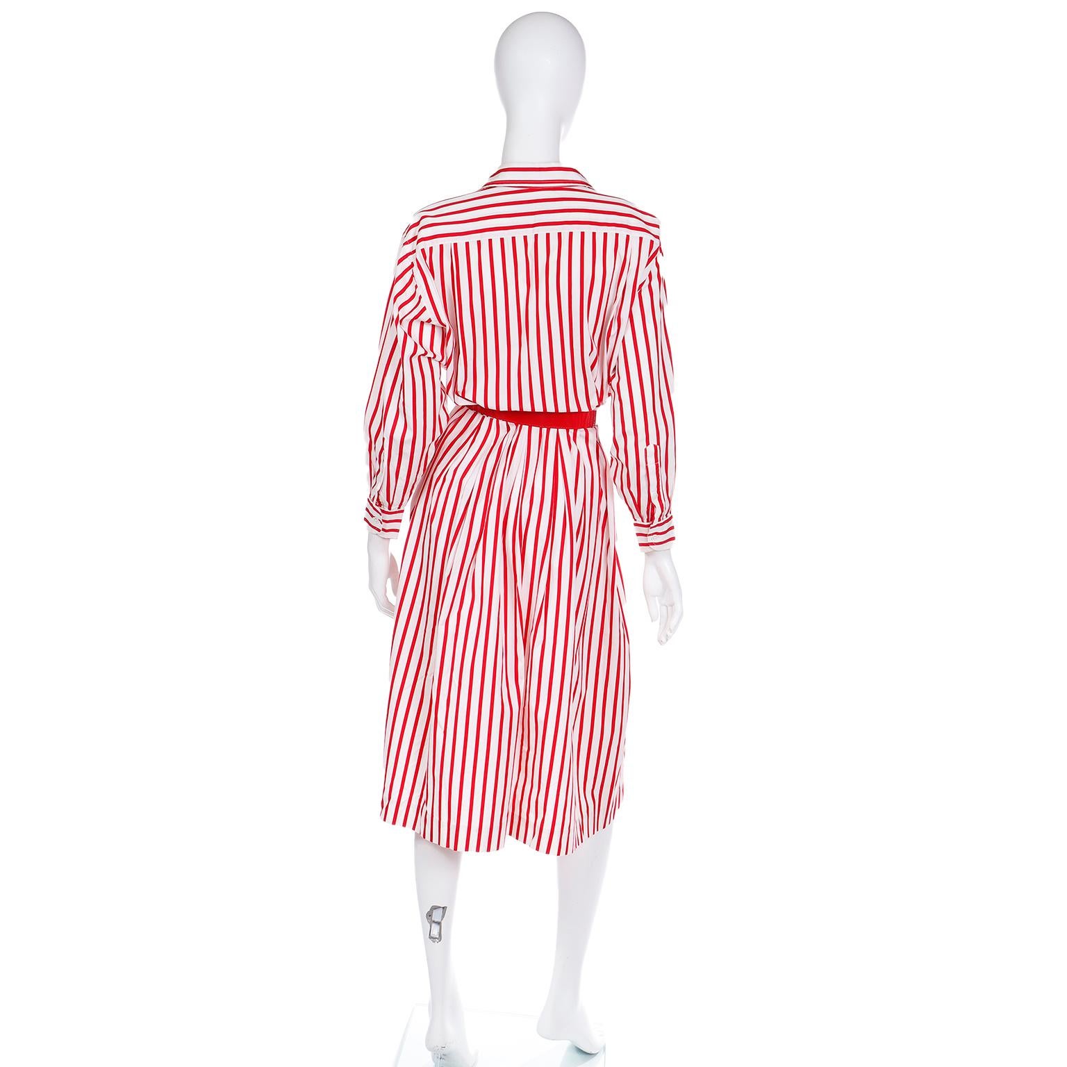 Vintage Ralph Lauren Red & White Striped Shirtdress Style Cotton Day Dress For Sale 1
