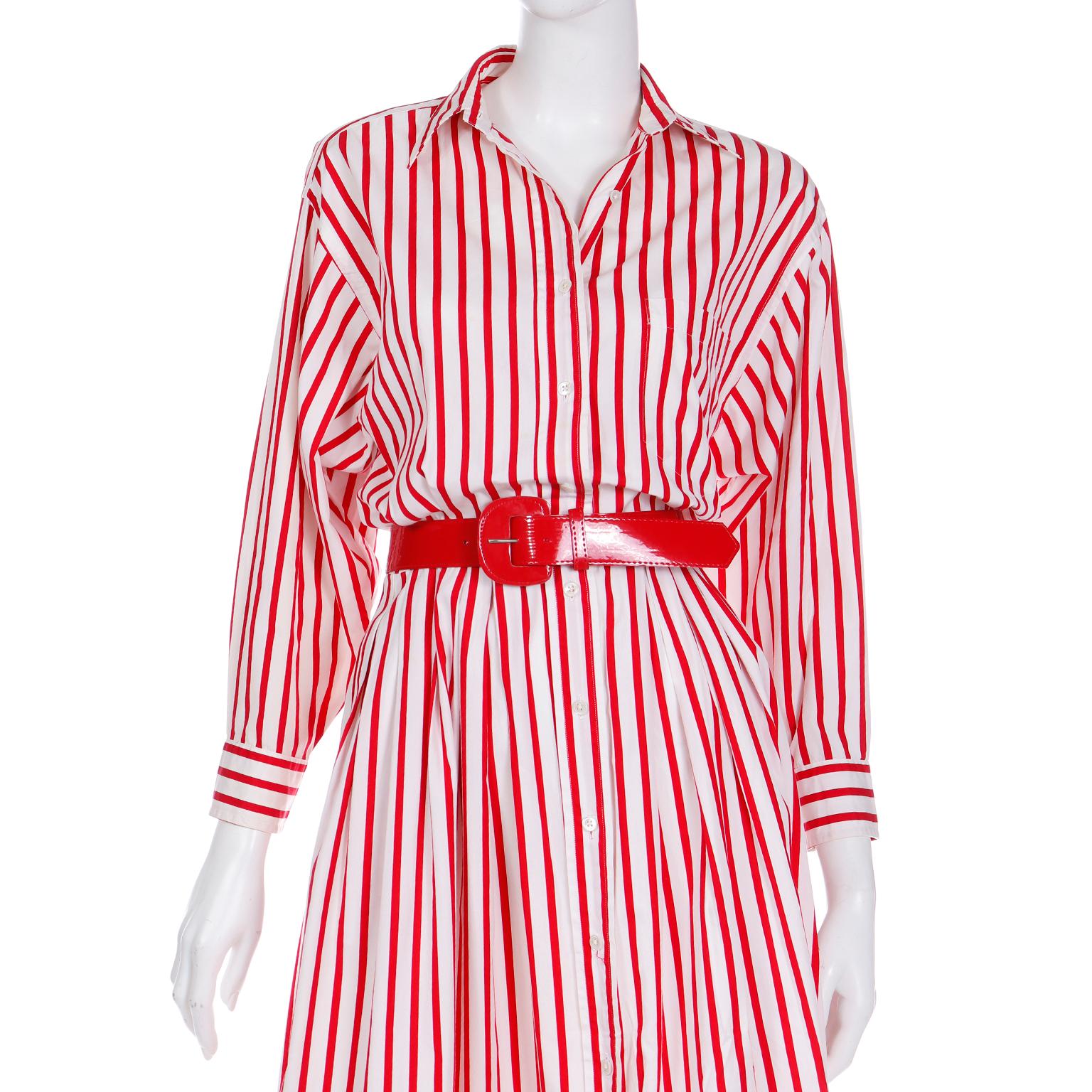 Vintage Ralph Lauren Red & White Striped Shirtdress Style Cotton Day Dress For Sale 2