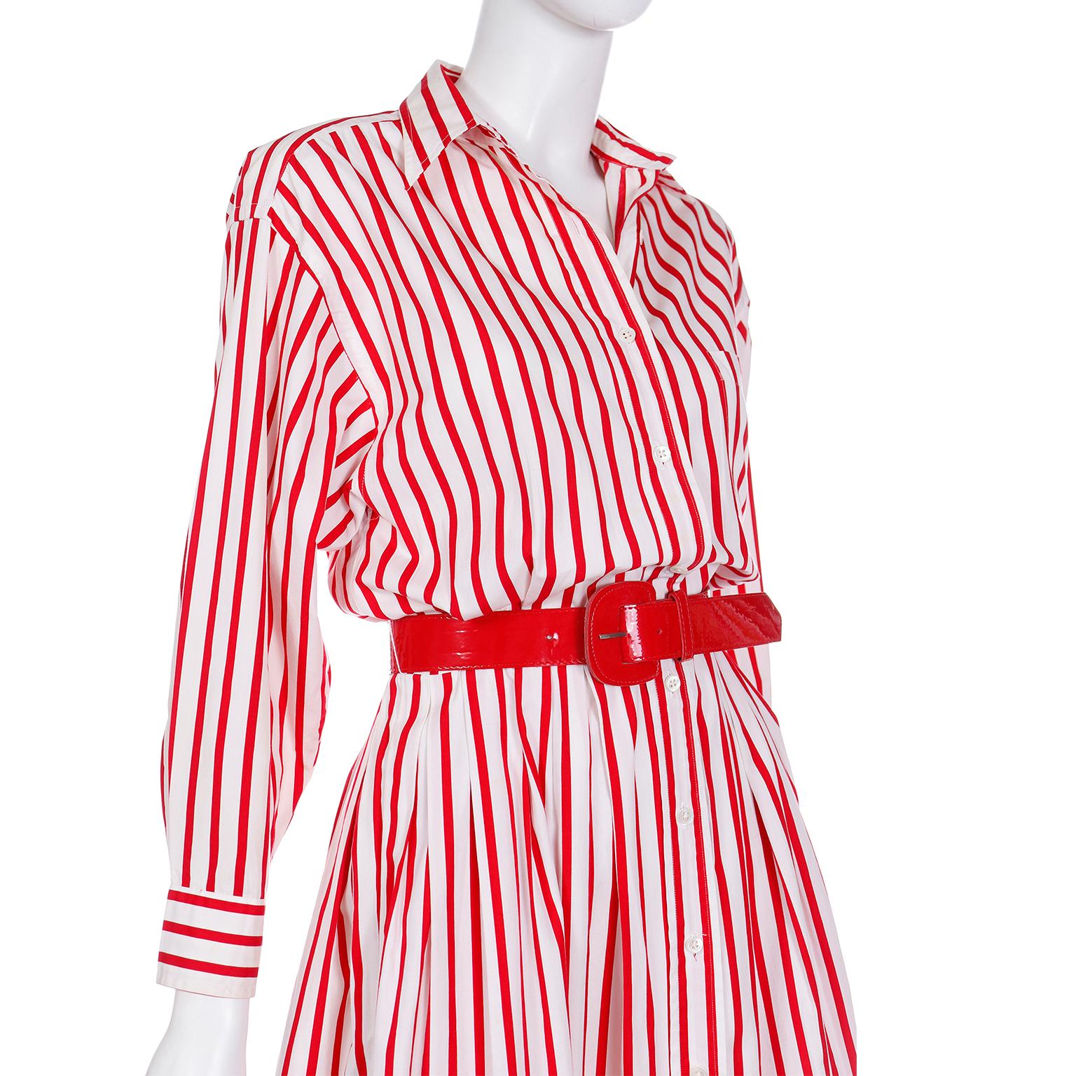Vintage Ralph Lauren Red & White Striped Shirtdress Style Cotton Day Dress For Sale 3