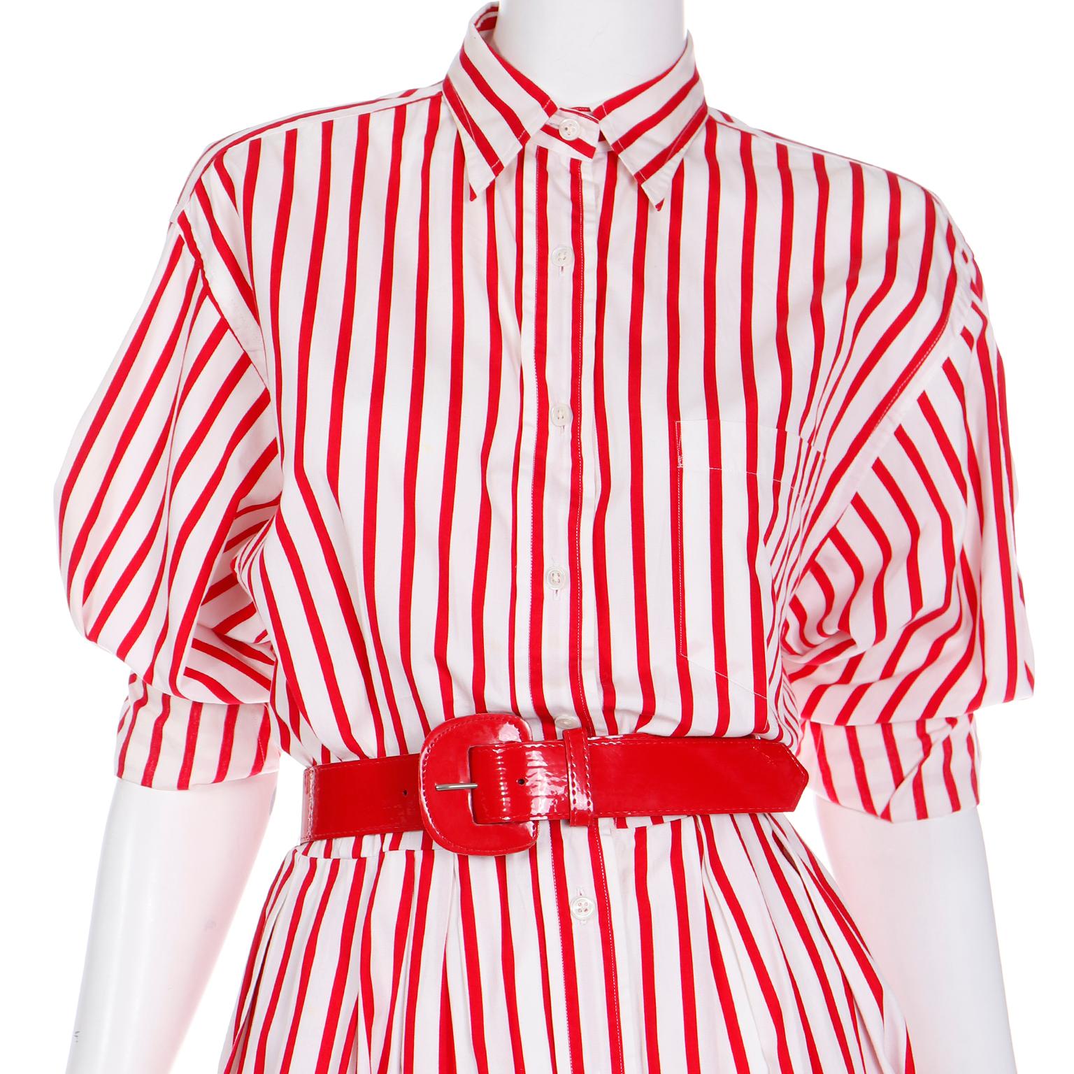 Vintage Ralph Lauren Red & White Striped Shirtdress Style Cotton Day Dress For Sale 4