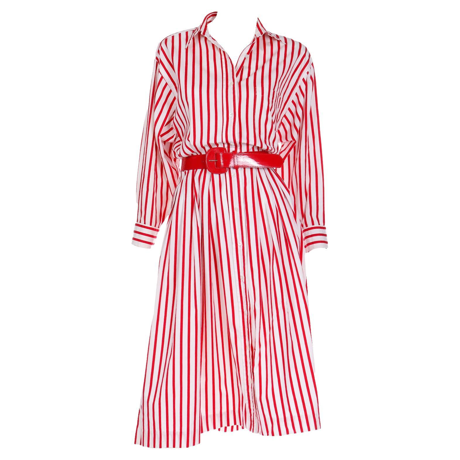 Vintage Ralph Lauren Red & White Striped Shirtdress Style Cotton Day Dress For Sale