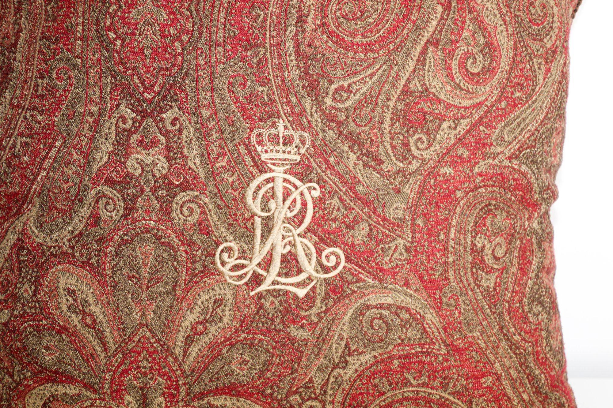 Embroidered Ralph Lauren Pillow in Red and Gold Paisley RL Crown Logo