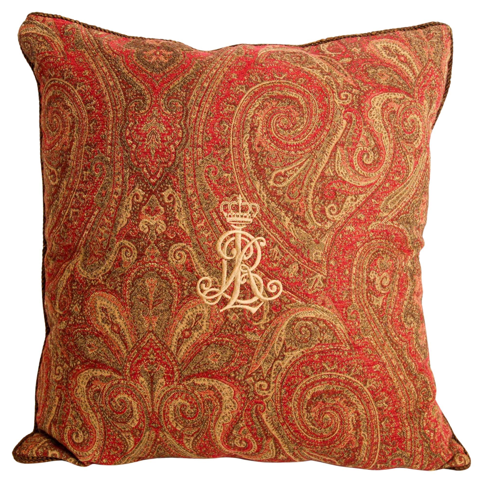 Ralph Lauren Pillow in Red and Gold Paisley RL Crown Logo