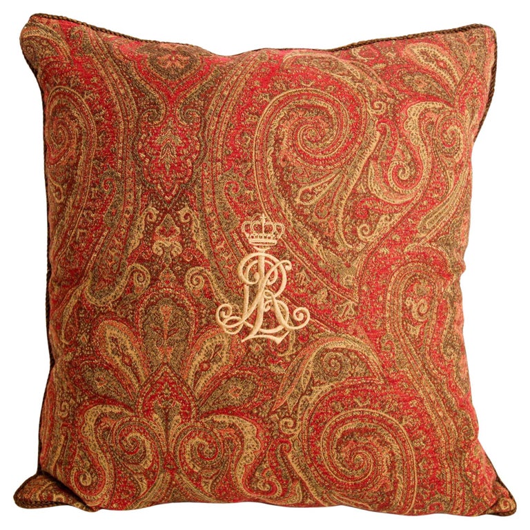 Ralph Lauren Pillow in Red and Gold Paisley RL Crown Logo For Sale at
