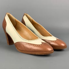 Vintage RALPH LAUREN Perforierte Vintage-Pumps aus Leder in Hellbraun & Creme, Größe 7