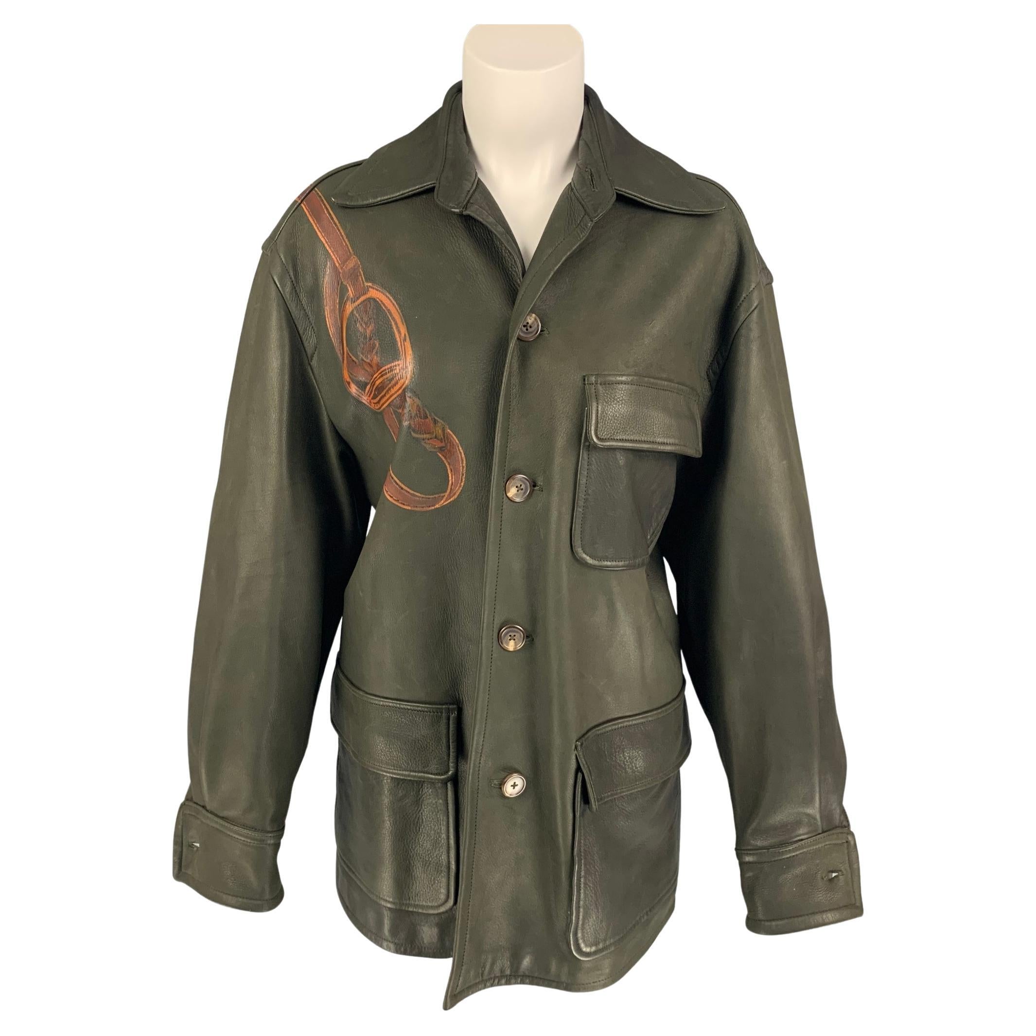 Vintage RALPH LAUREN Size S Olive Leather Print Shirt Jacket