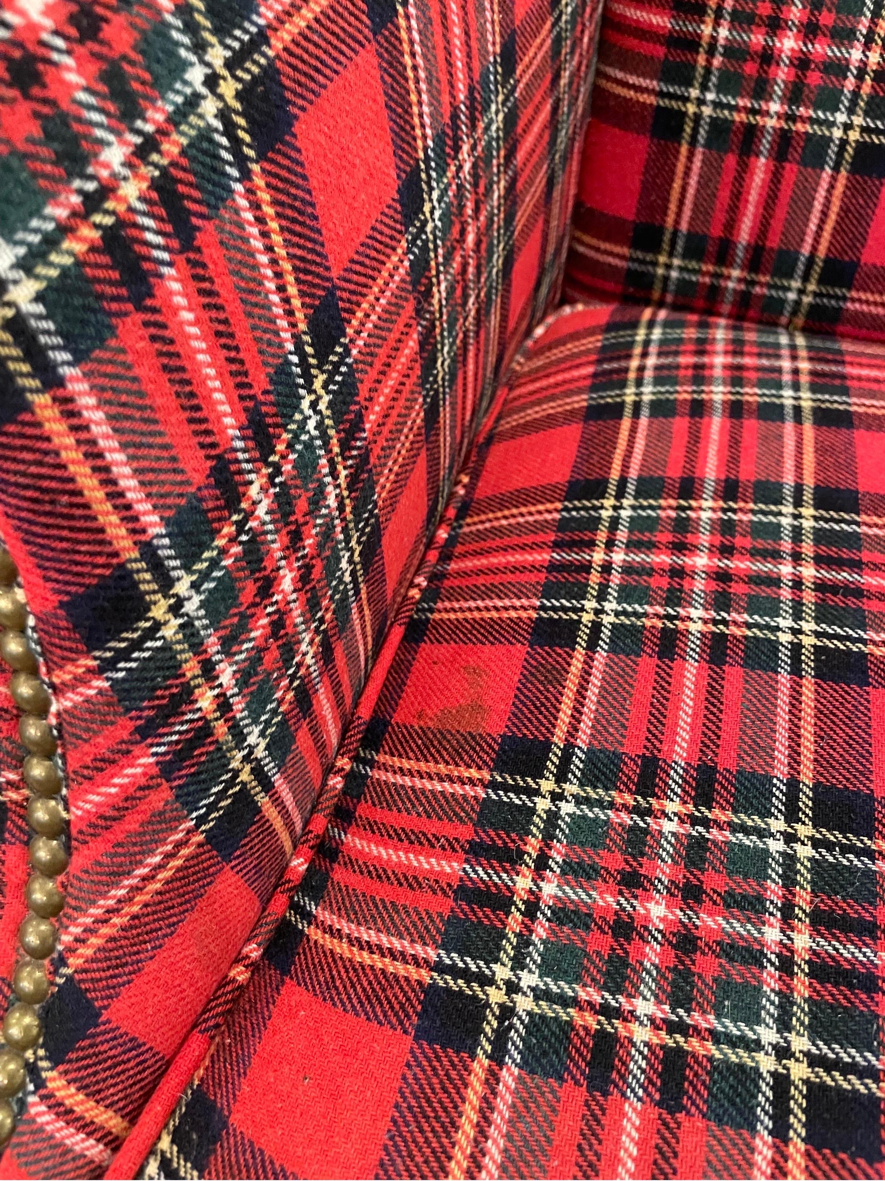 American Vintage Ralph Lauren Style Red Plaid Pair of Club Chairs