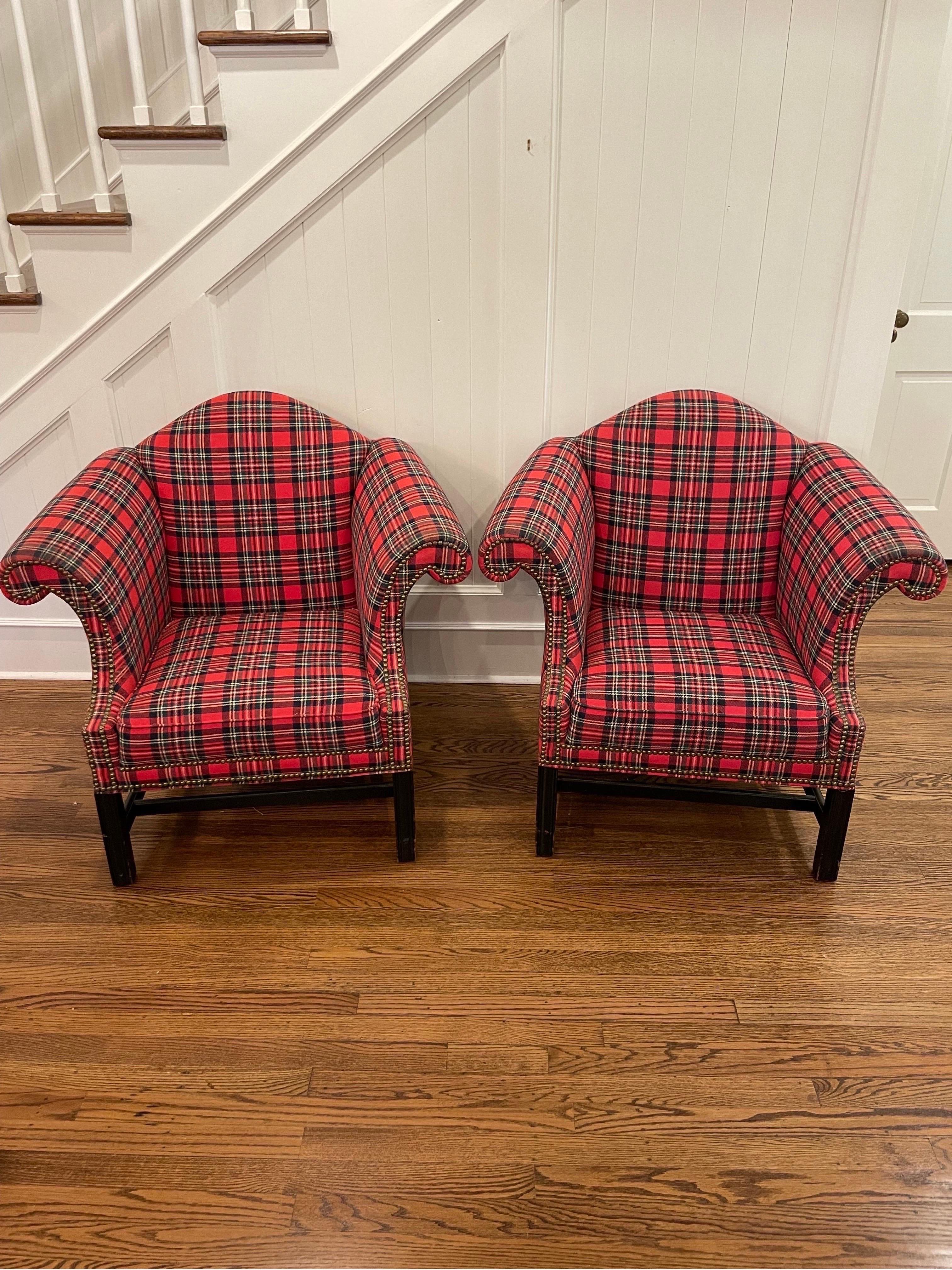 Vintage Ralph Lauren Style Red Plaid Pair of Club Chairs In Good Condition In Cookeville, TN