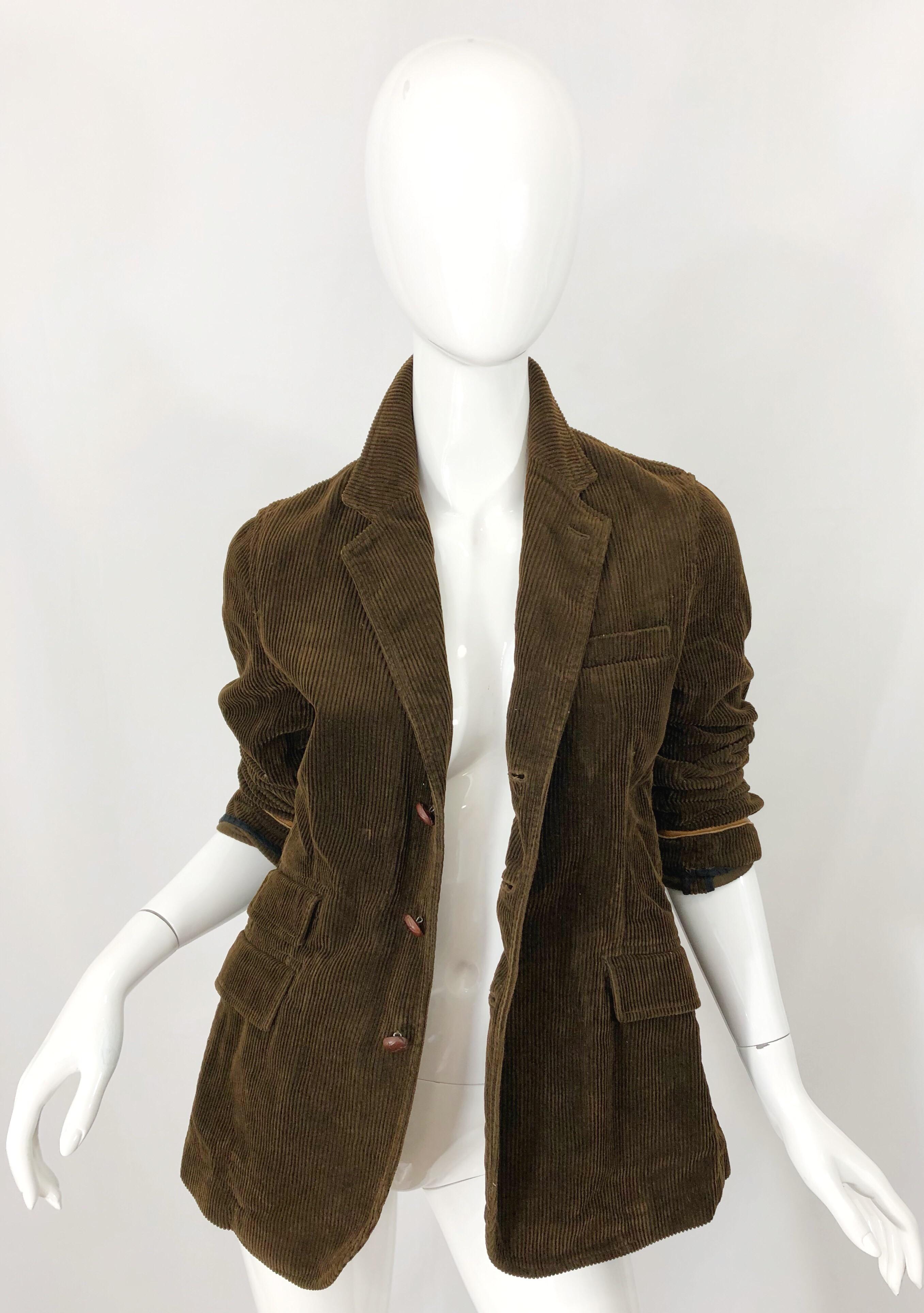 Vintage Ralph Lauren Sz 8 Brown 1990s Corduroy Leather Fitted 90s Jacket Blazer 6