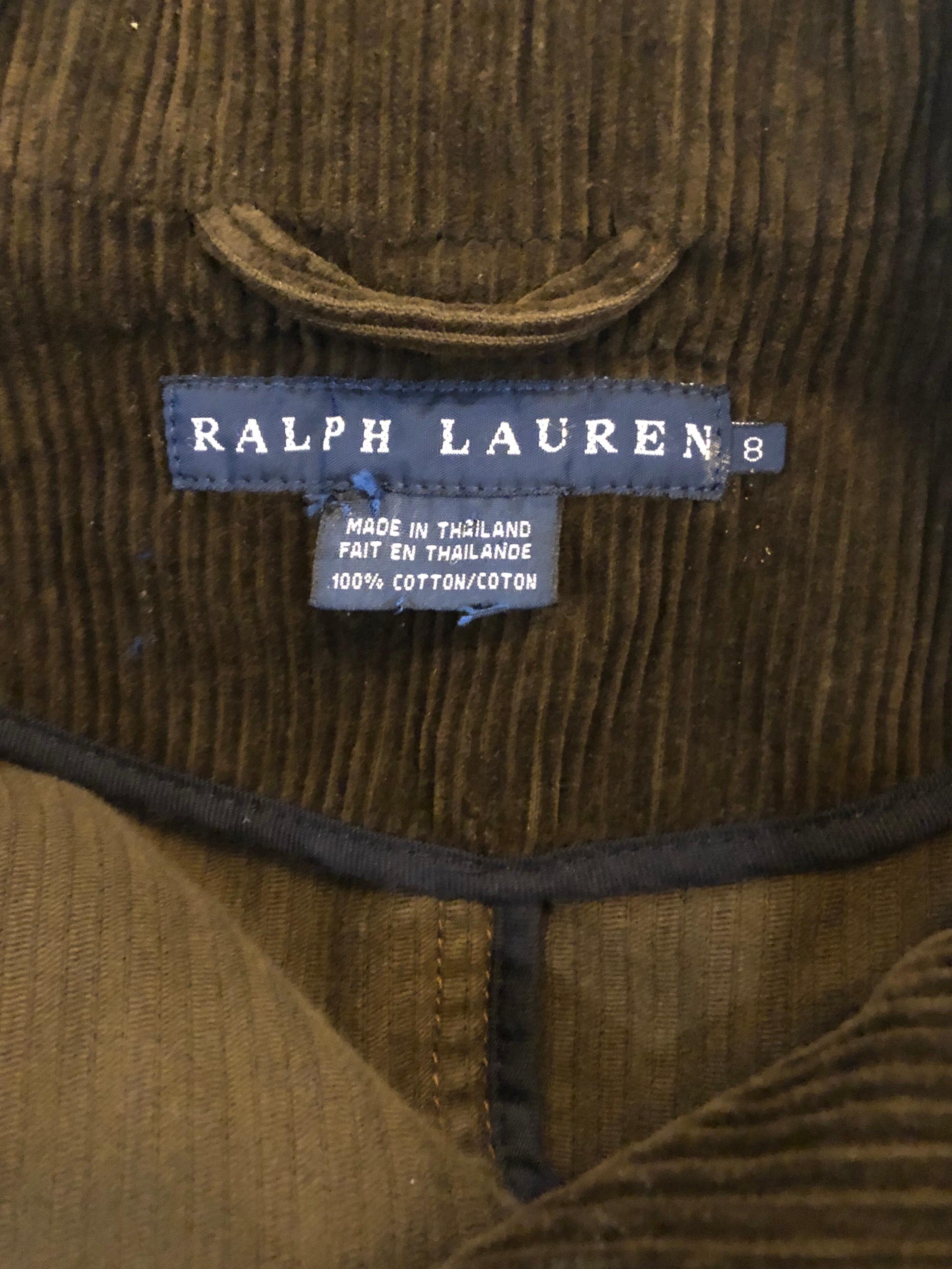 Vintage Ralph Lauren Sz 8 Brown 1990s Corduroy Leather Fitted 90s Jacket Blazer 8