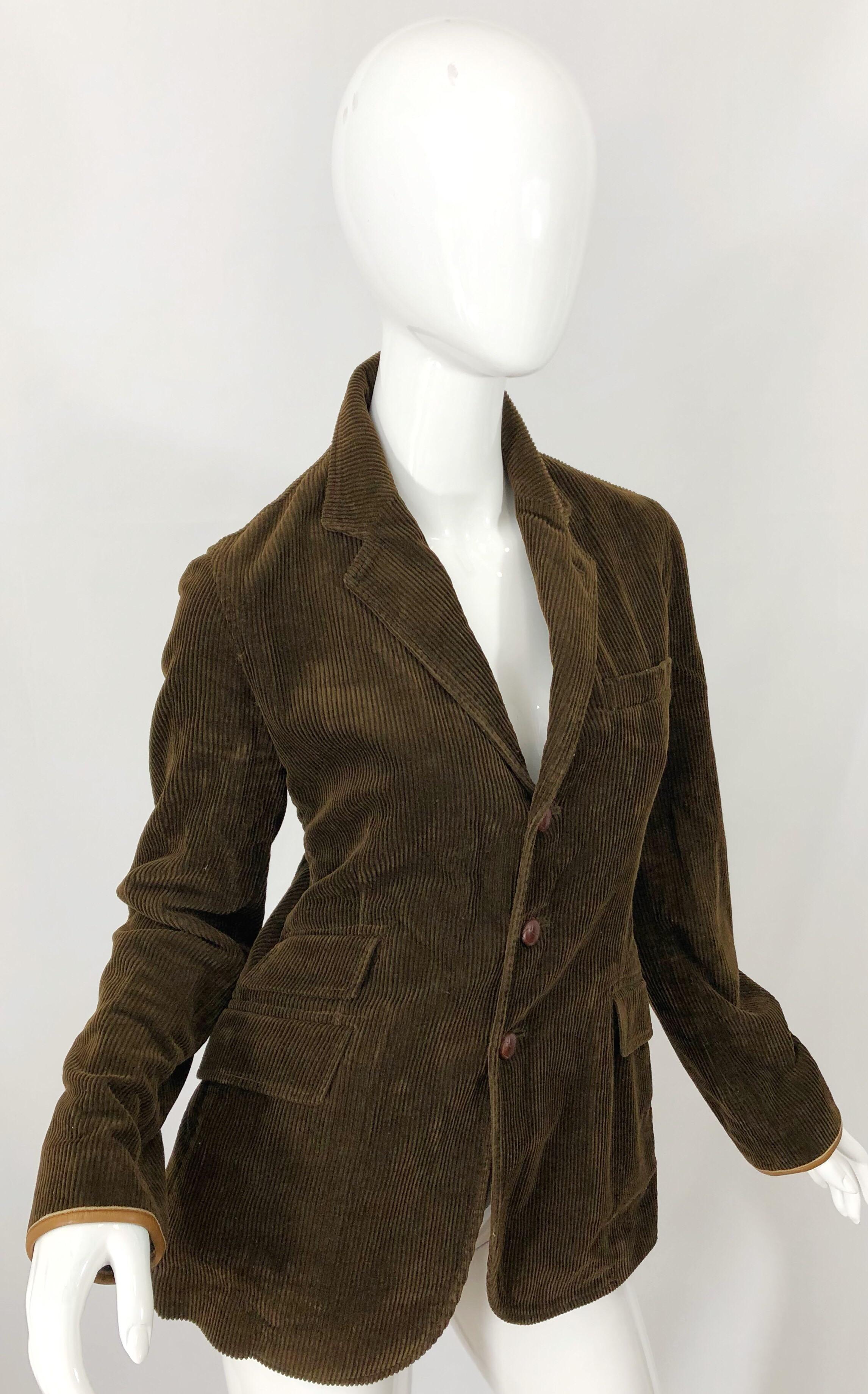 Vintage Ralph Lauren Sz 8 Brown 1990s Corduroy Leather Fitted 90s Jacket Blazer In Excellent Condition In San Diego, CA