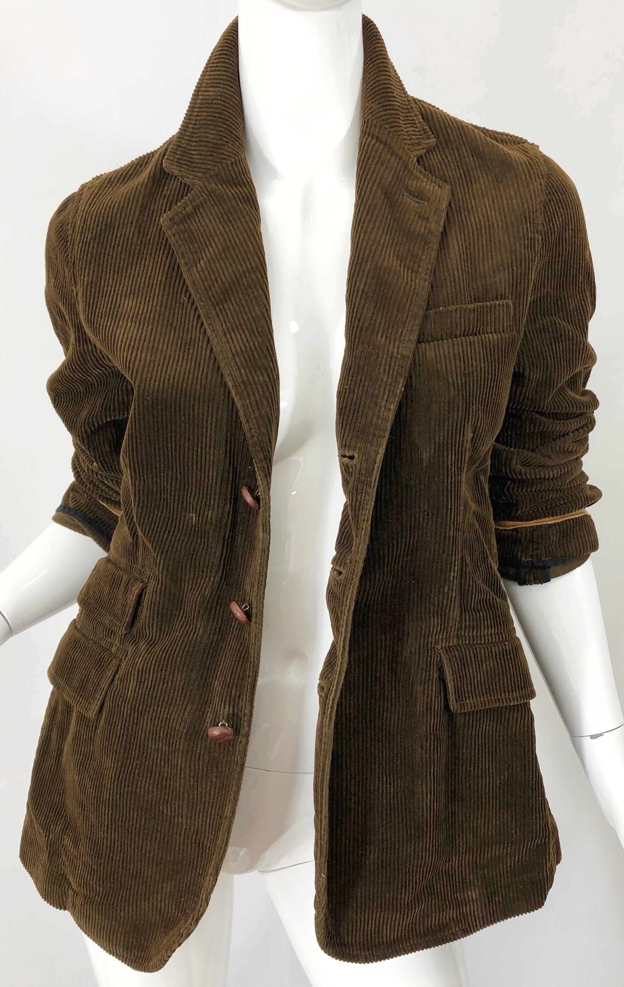 Women's Vintage Ralph Lauren Sz 8 Brown 1990s Corduroy Leather Fitted 90s Jacket Blazer