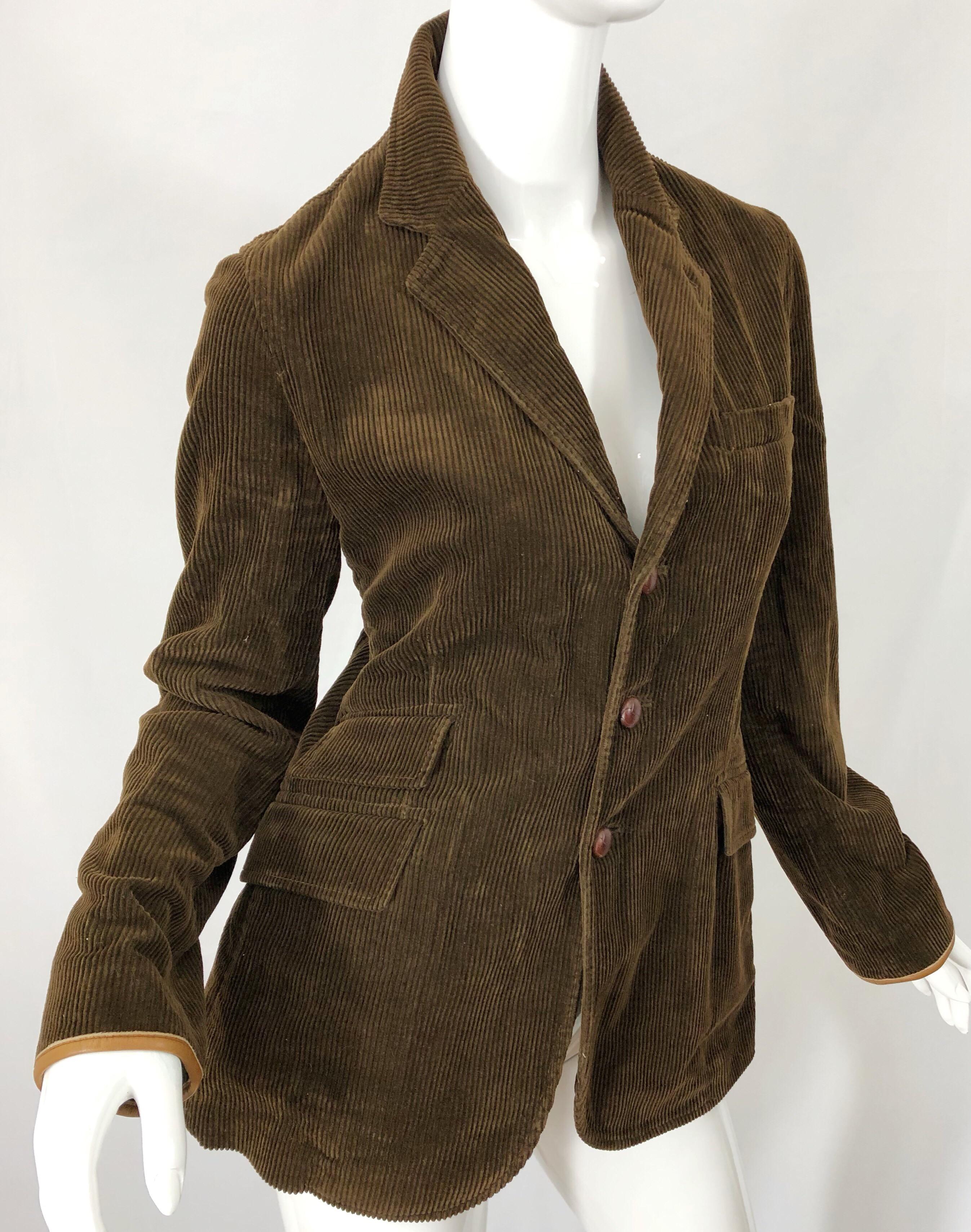 Vintage Ralph Lauren Sz 8 Brown 1990s Corduroy Leather Fitted 90s Jacket Blazer 2
