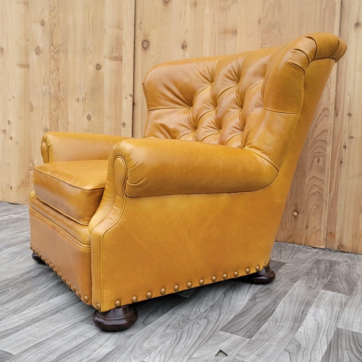 Vintage Ralph Lauren Oversized Tufted Chesterfield Wingback Lounge Chair & Ottoman Newly Upholstered in a High End Full-Grain Cognac Distressed Italian Leather - 2 Piece Set 

This beautiful wingback chair and ottoman is meant to be totally