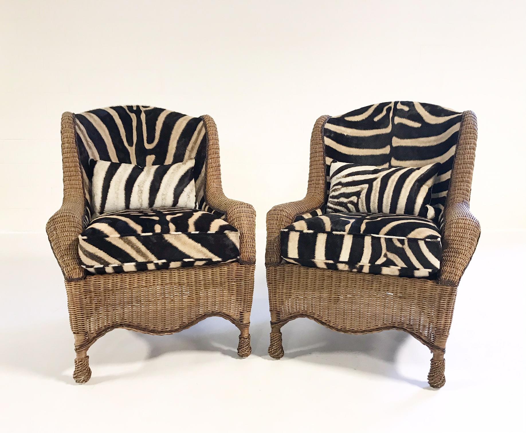 American Vintage Ralph Lauren Wicker Wingback Chairs Restored in Zebra Hide, Pair